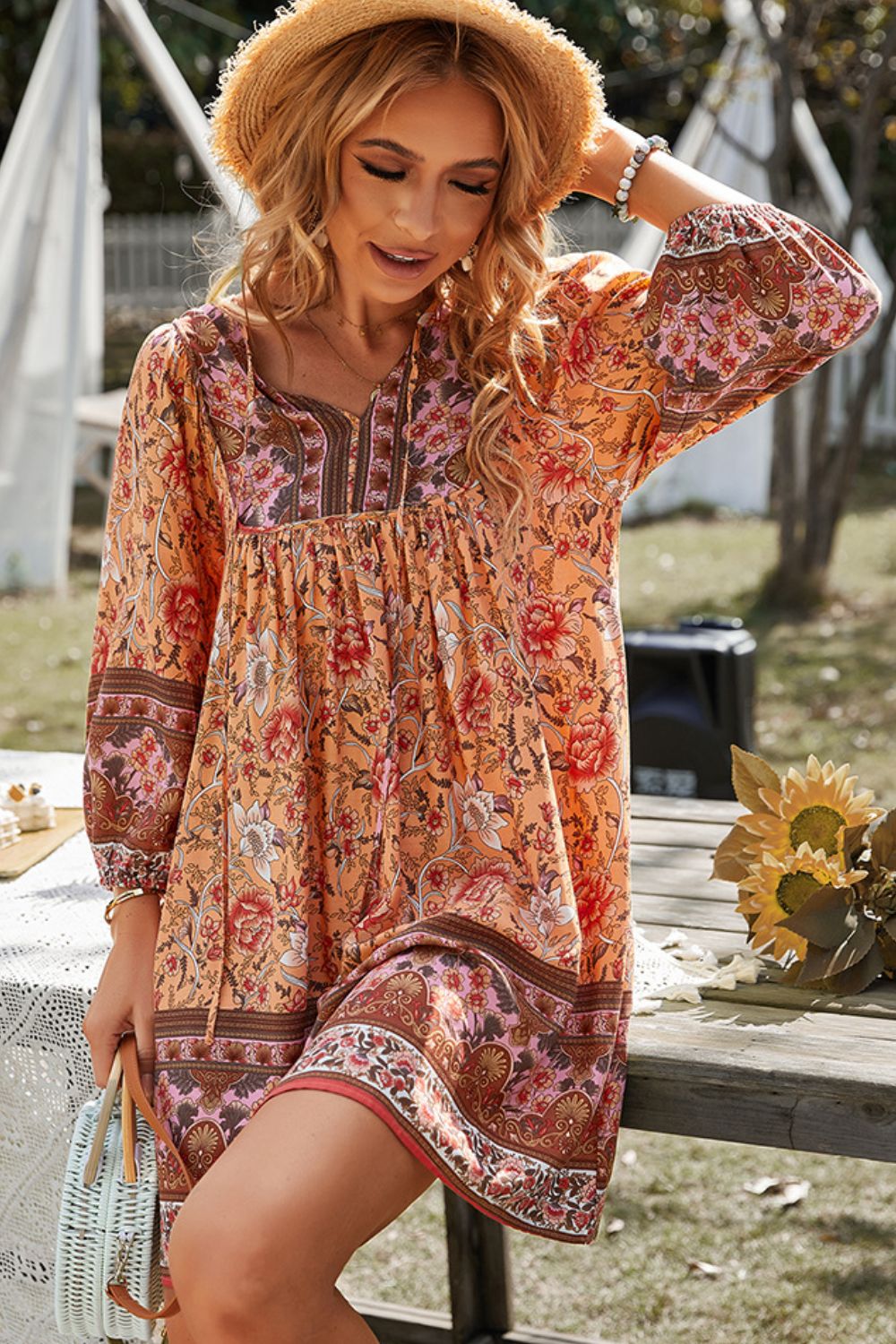 Bohemian Tie Neck Balloon Sleeve Dress