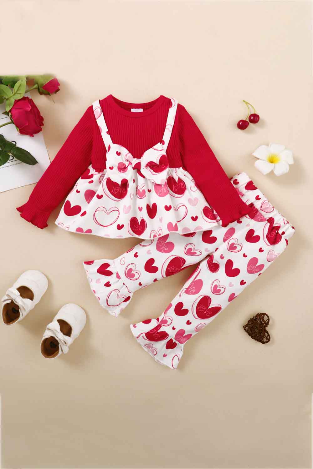 Girls Heart Print Bow Detail Sweater and Flare Pants Set