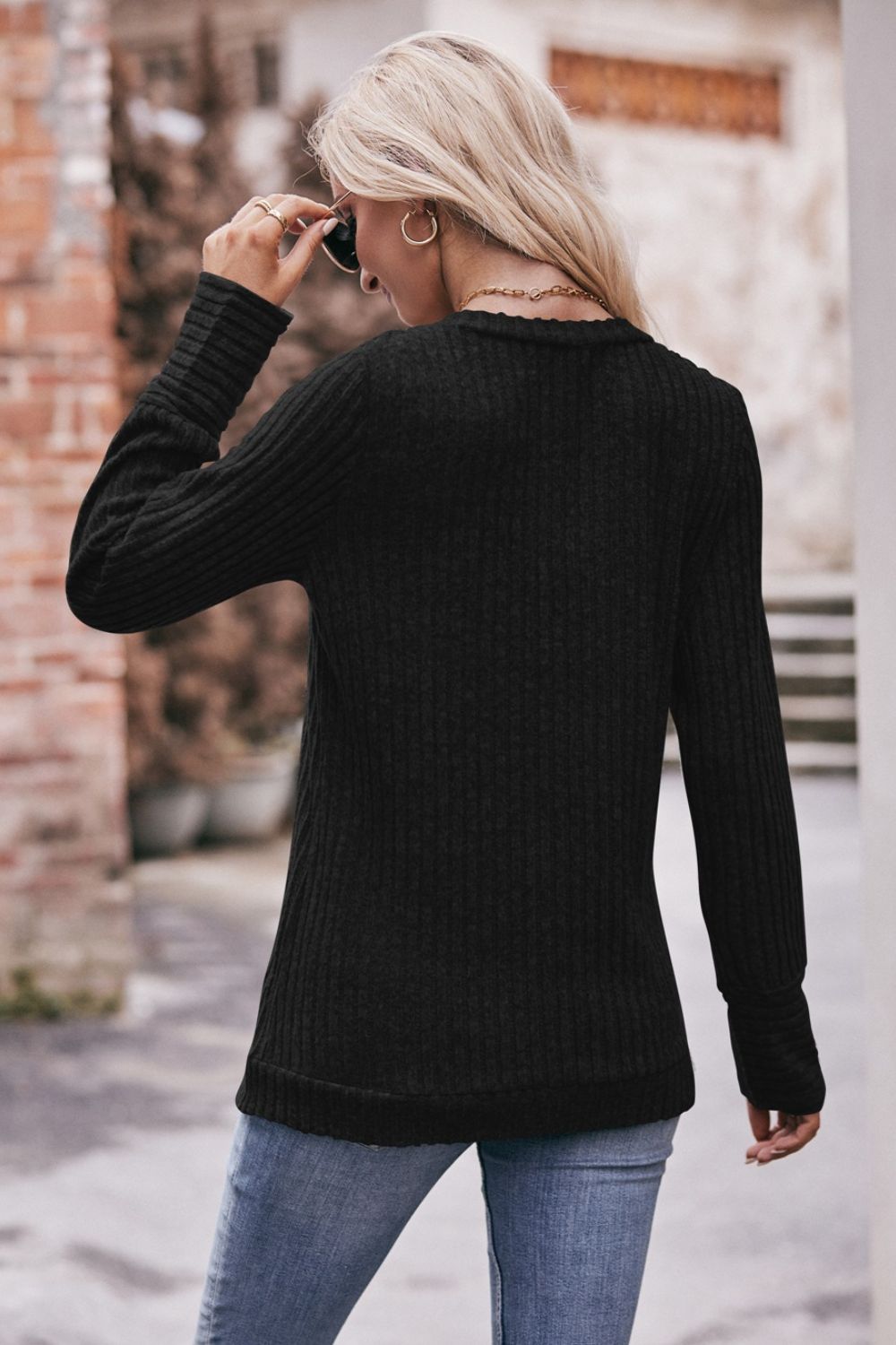 V-Neck Long Sleeve Ribbed Top