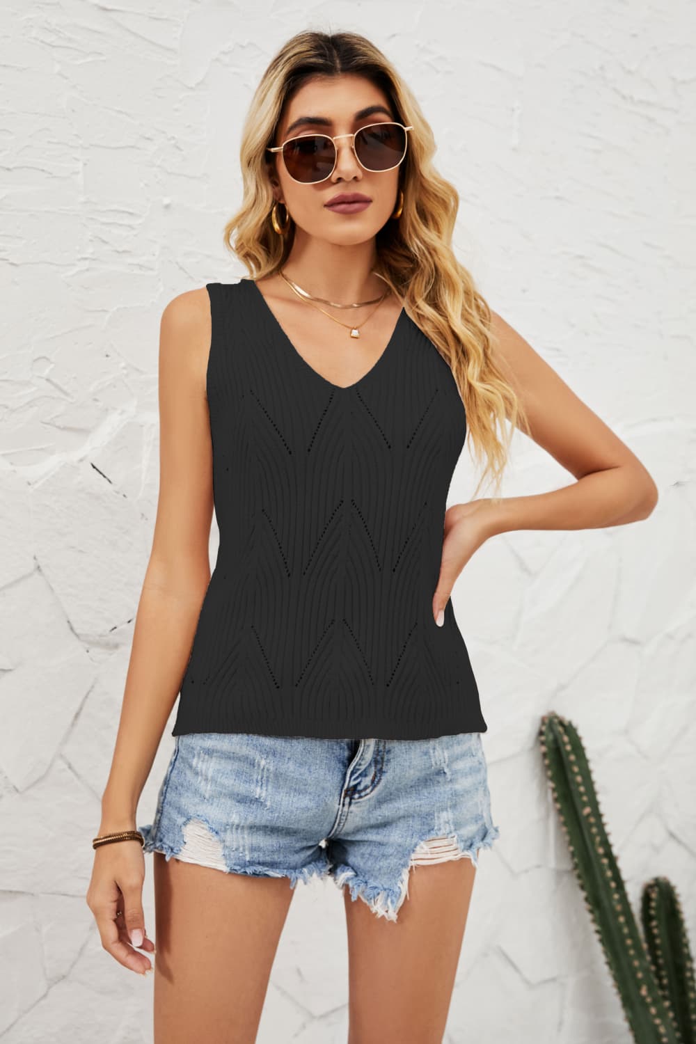 Openwork V-Neck Knit Top