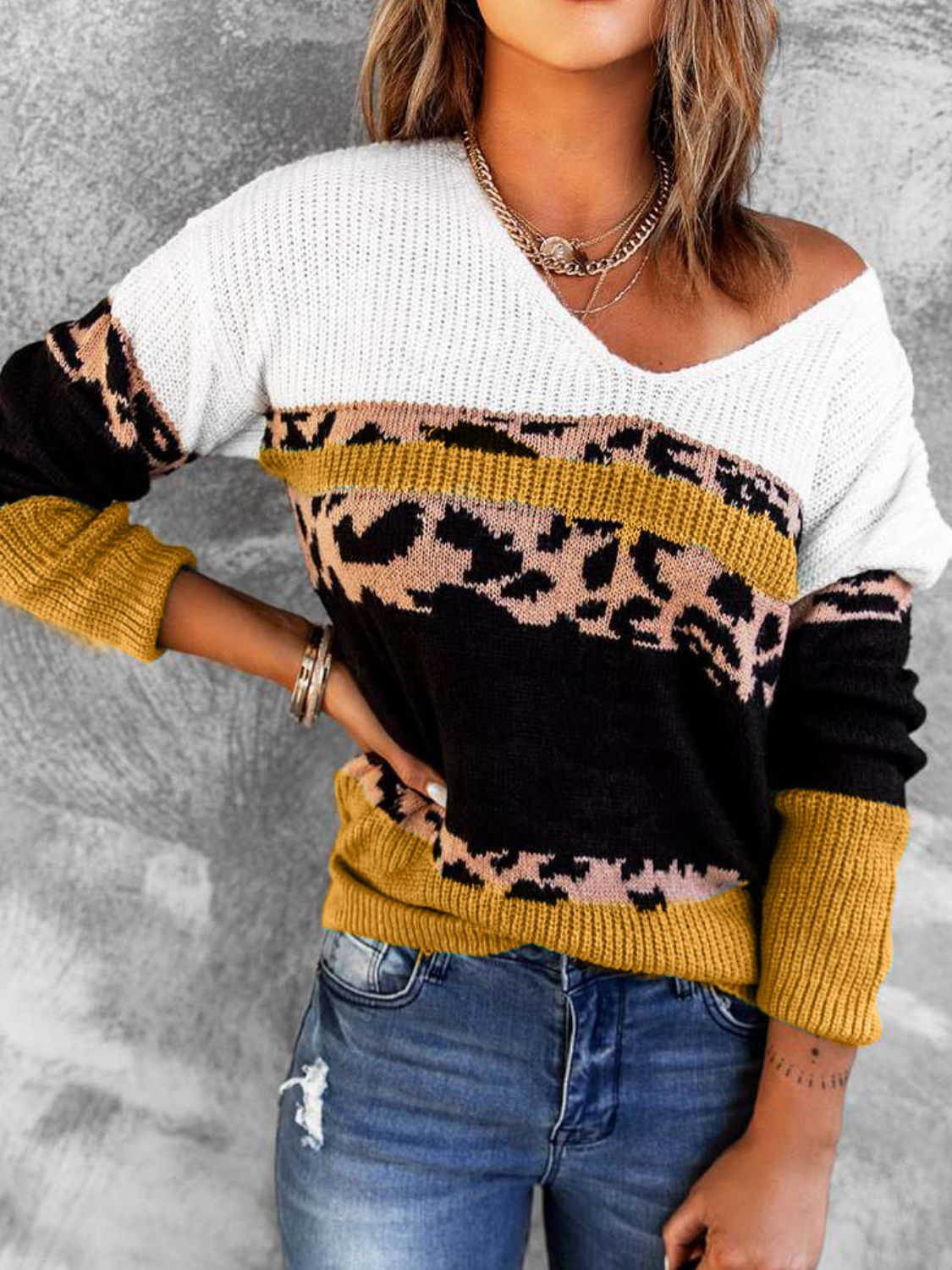 Leopard Color Block V-Neck Rib-Knit Sweater