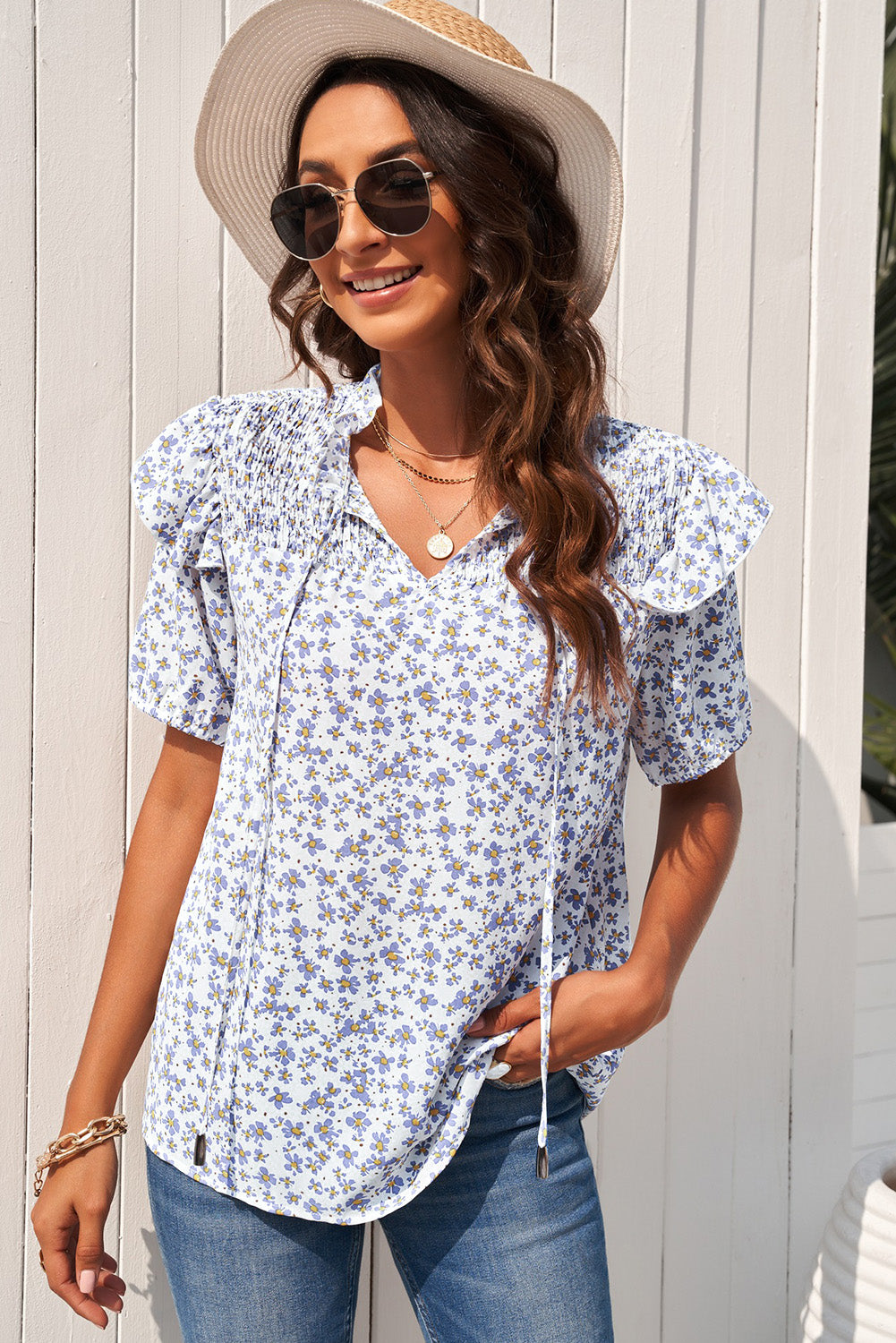 Floral Smocked Ruffle Shoulder Tie Neck Top