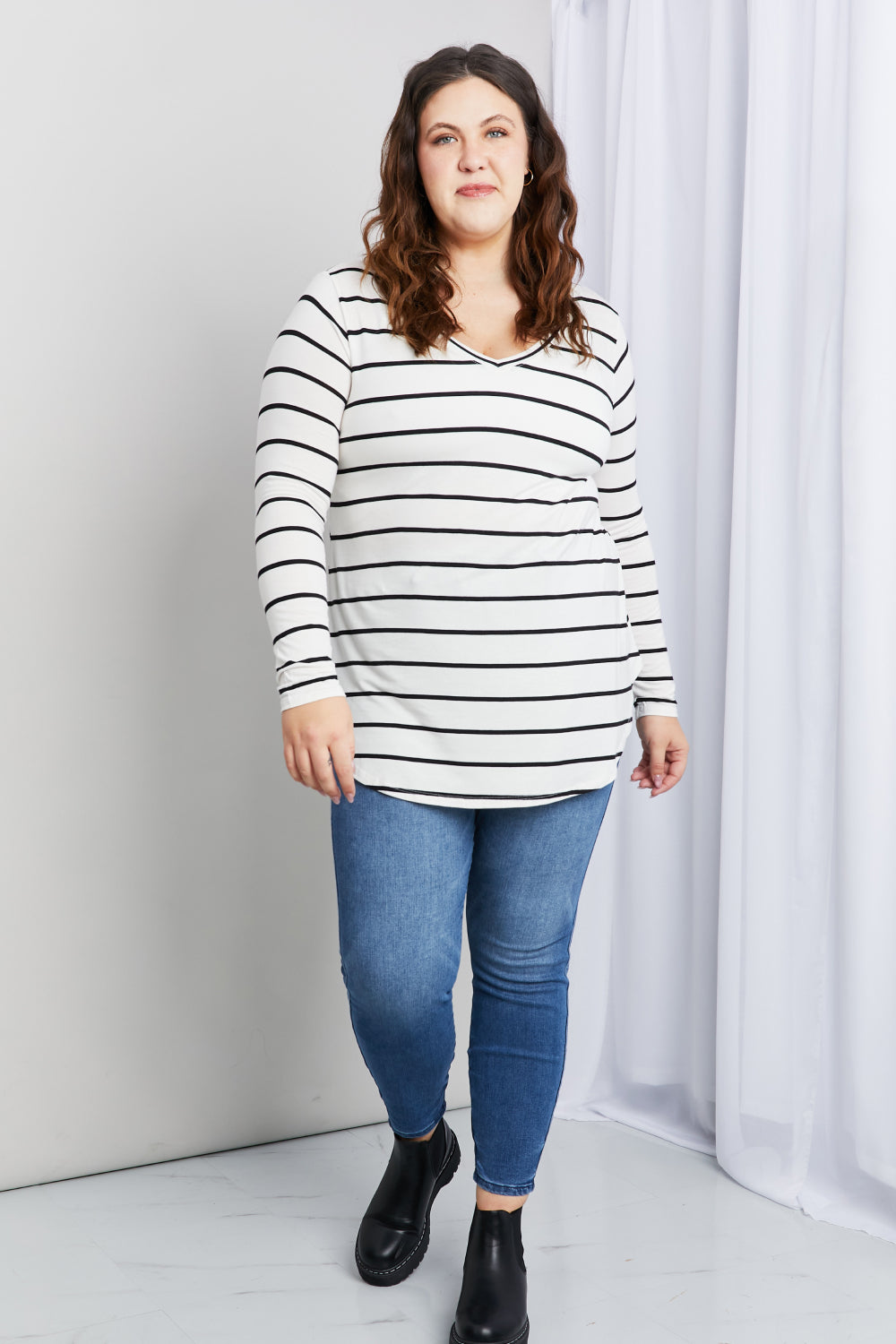 Zenana Full Size Striped V-Neck Long Sleeve Top