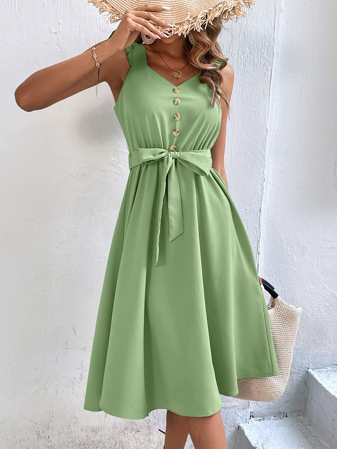 Decorative Button Tie Waist A-Line Dress