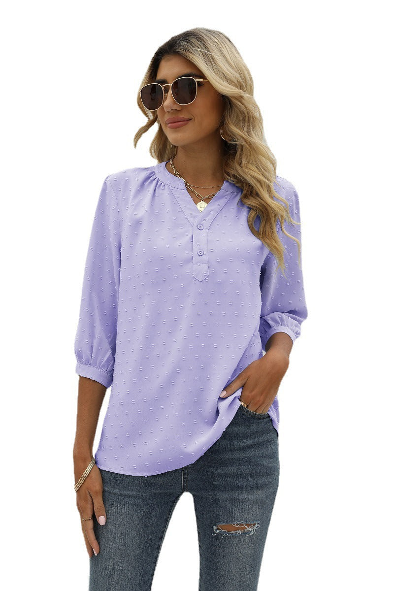 Swiss Dot Notched Neck Three-Quarter Sleeve Blouse