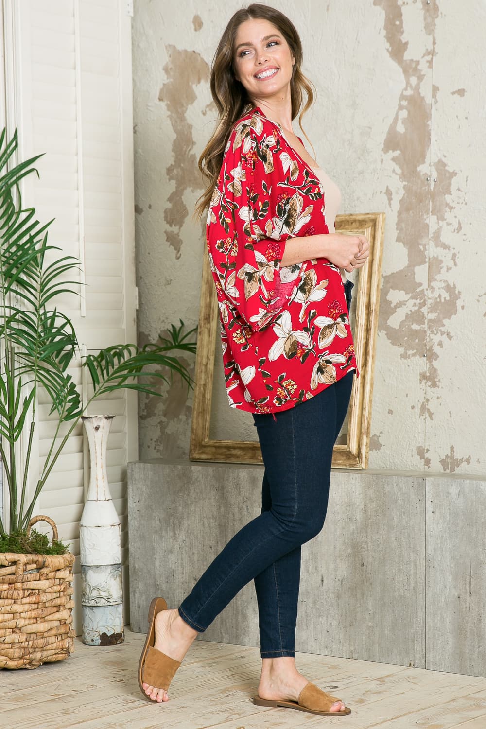 Justin Taylor Floral Open Front Three-Quarter Sleeve Cardigan