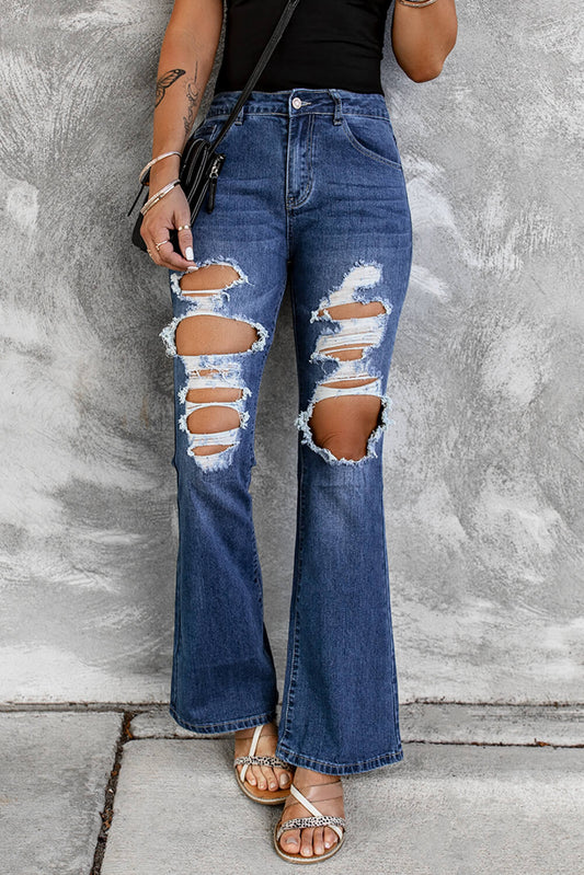 Distressed High Waist Flare Jeans