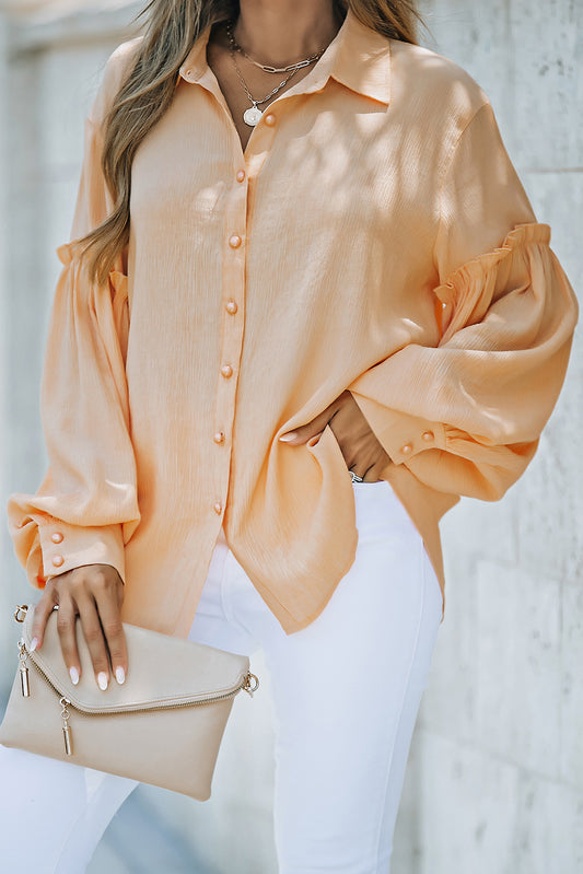 Button Front Bubble Sleeve Frill Trim Blouse