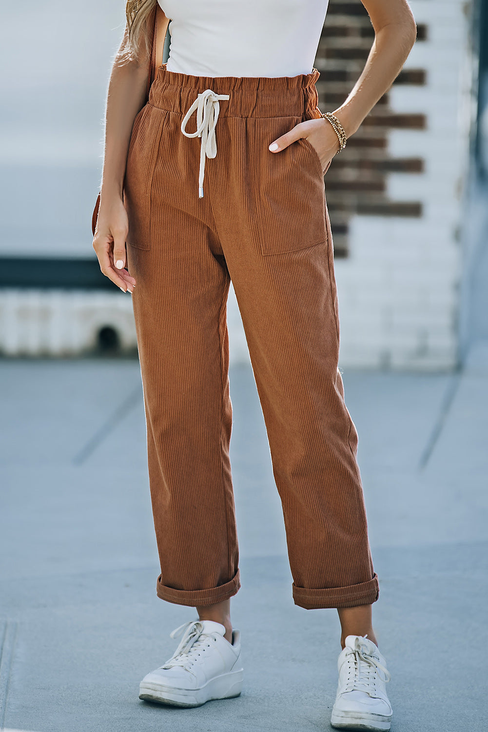 Drawstring Waist Corduroy Pants with Pockets