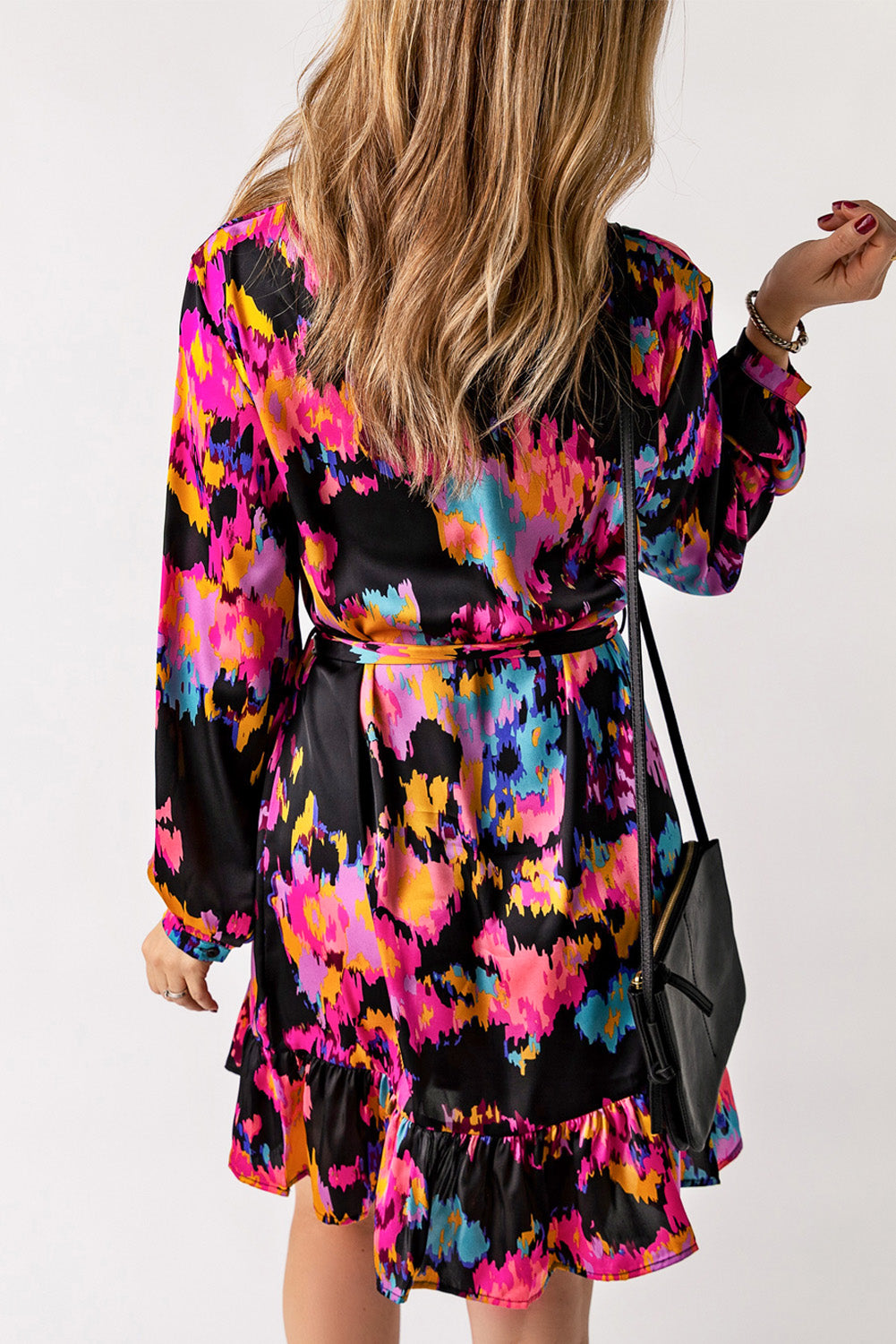 Abstract Print Belted Ruffle Hem Dress