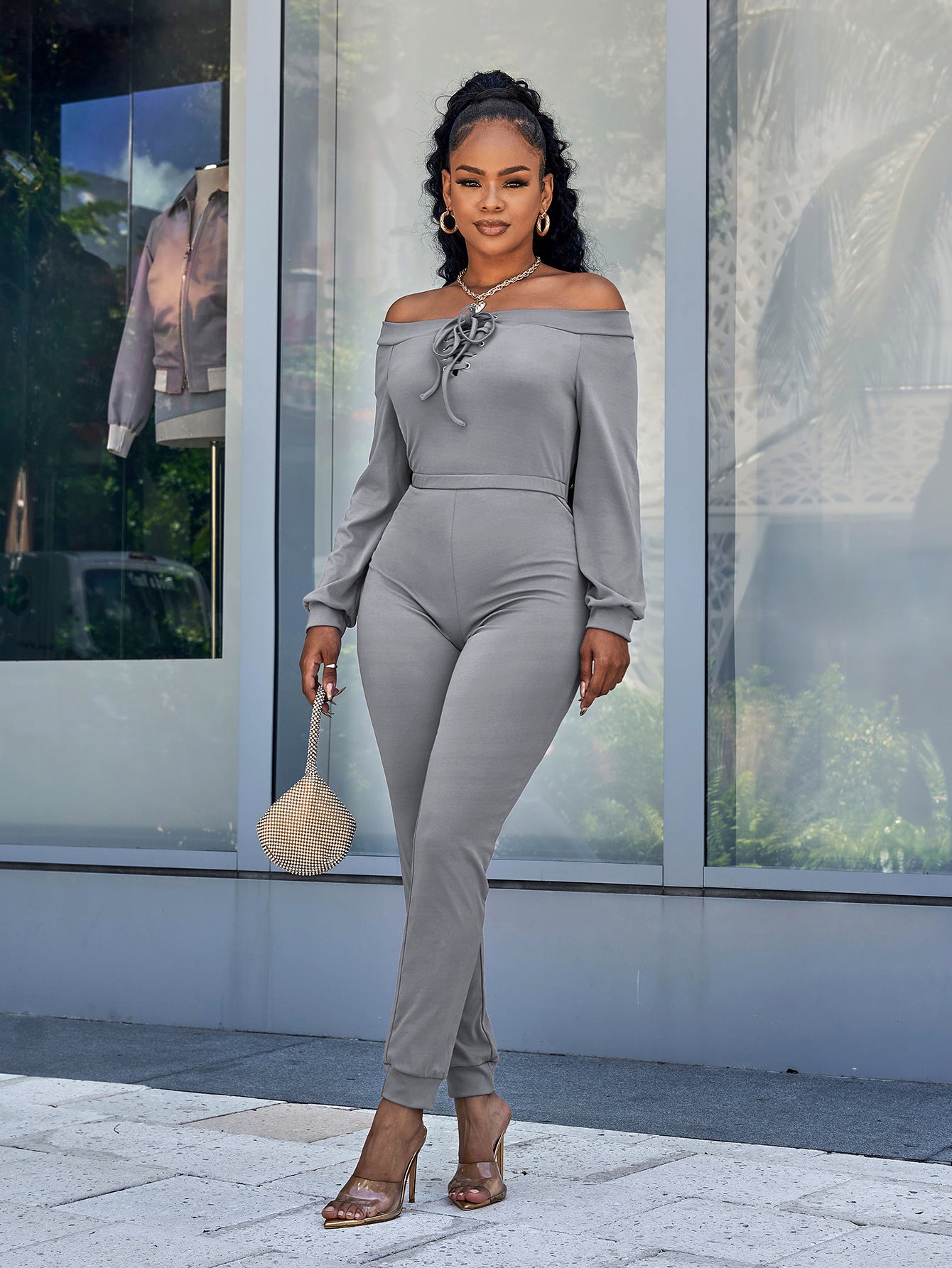 Lace-Up Off-Shoulder Long Sleeve Jumpsuit