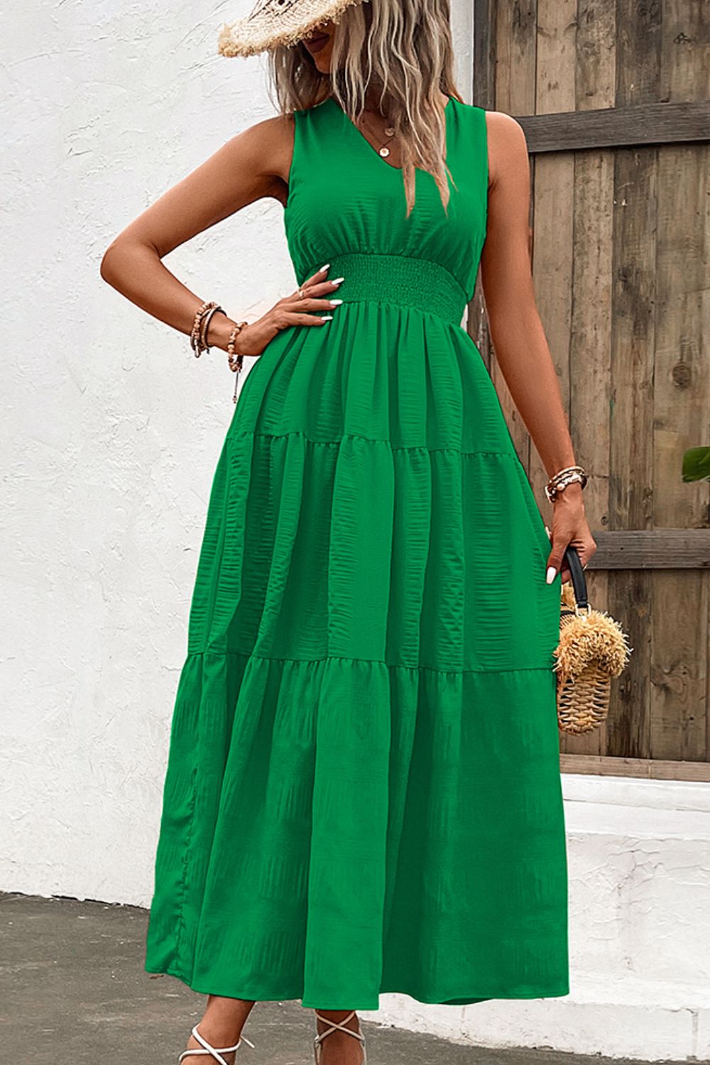 V-Neck Smocked Waist Sleeveless Tiered Dress