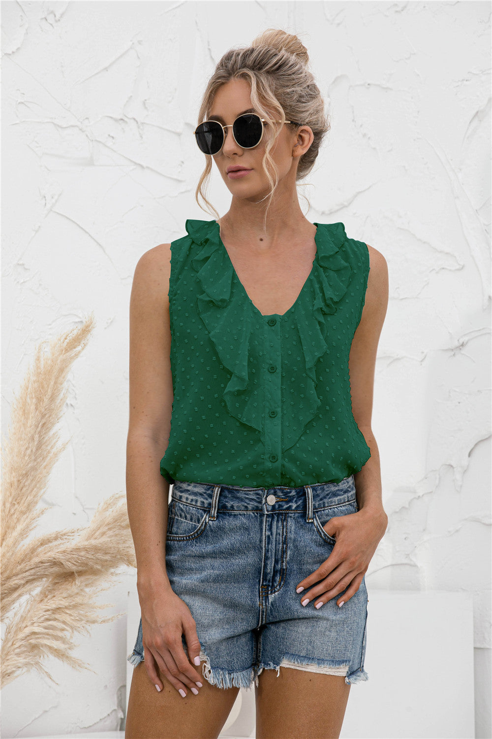 Sleeveless Ruffle Trim Blouse