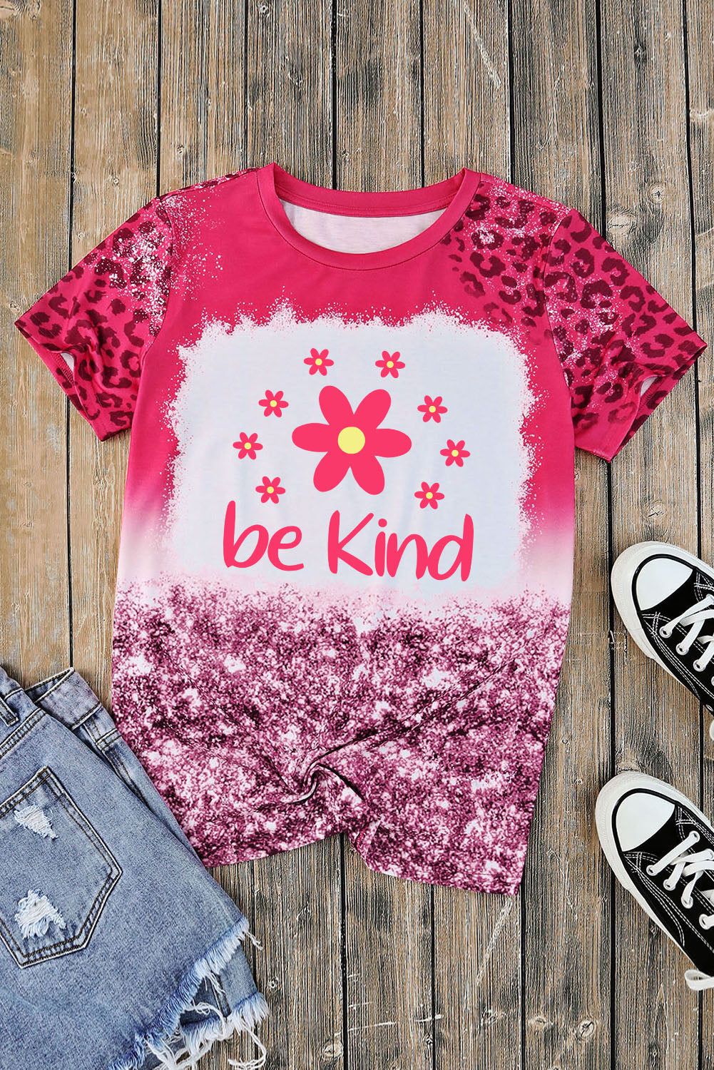 BE KIND Flower Graphic Leopard Tee