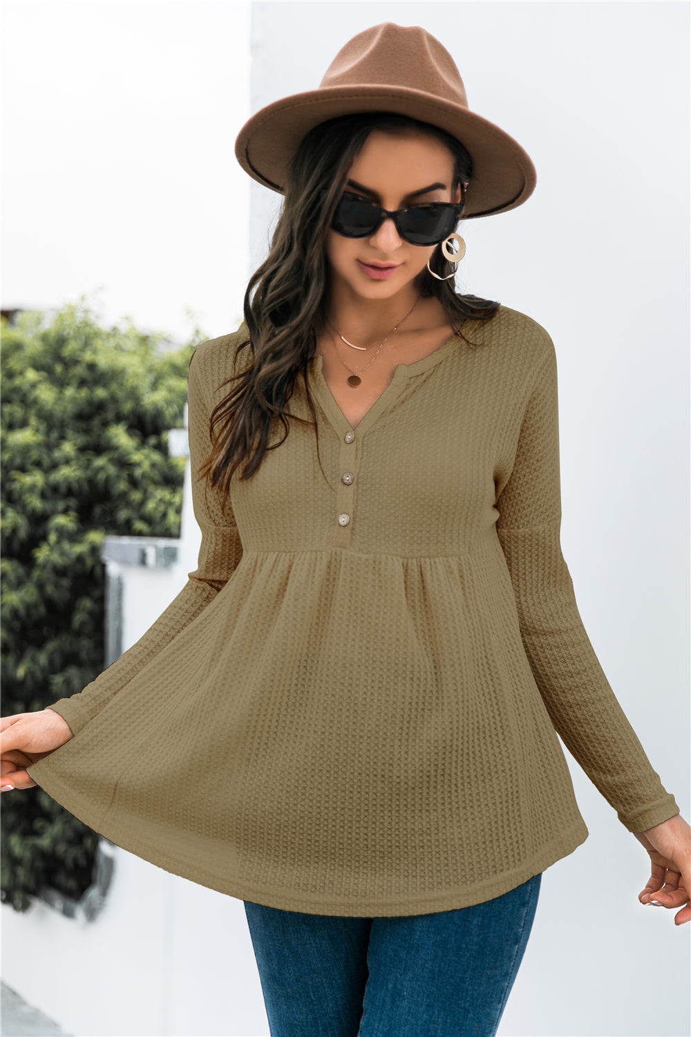 Button Front Waffle Knit Babydoll Top