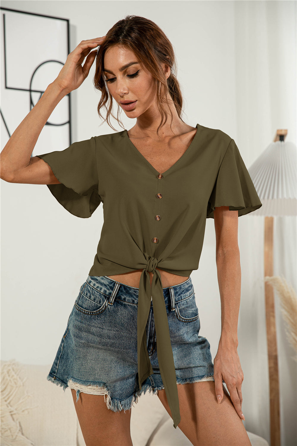 Decorative Button V-Neck Tied Blouse