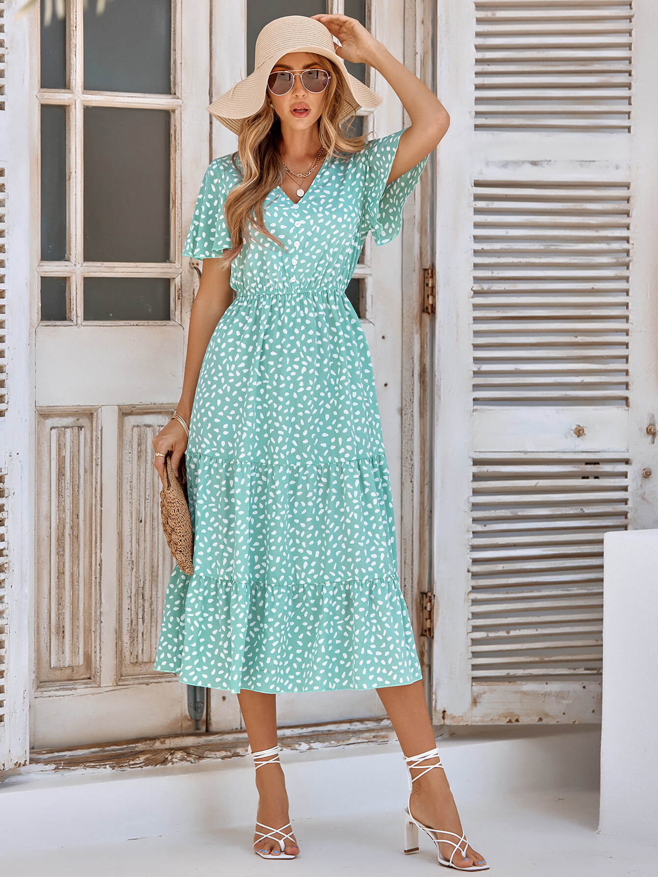 Printed Flutter Sleeve Tiered Dress