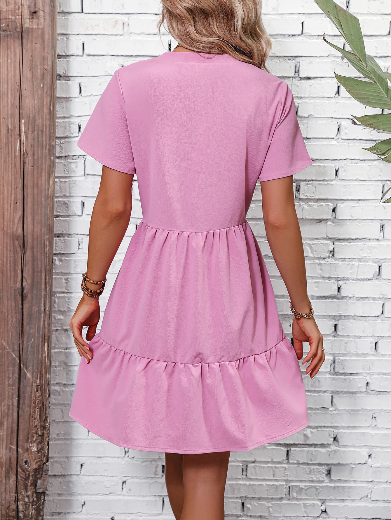 Short Sleeve Buttoned Tiered Dress