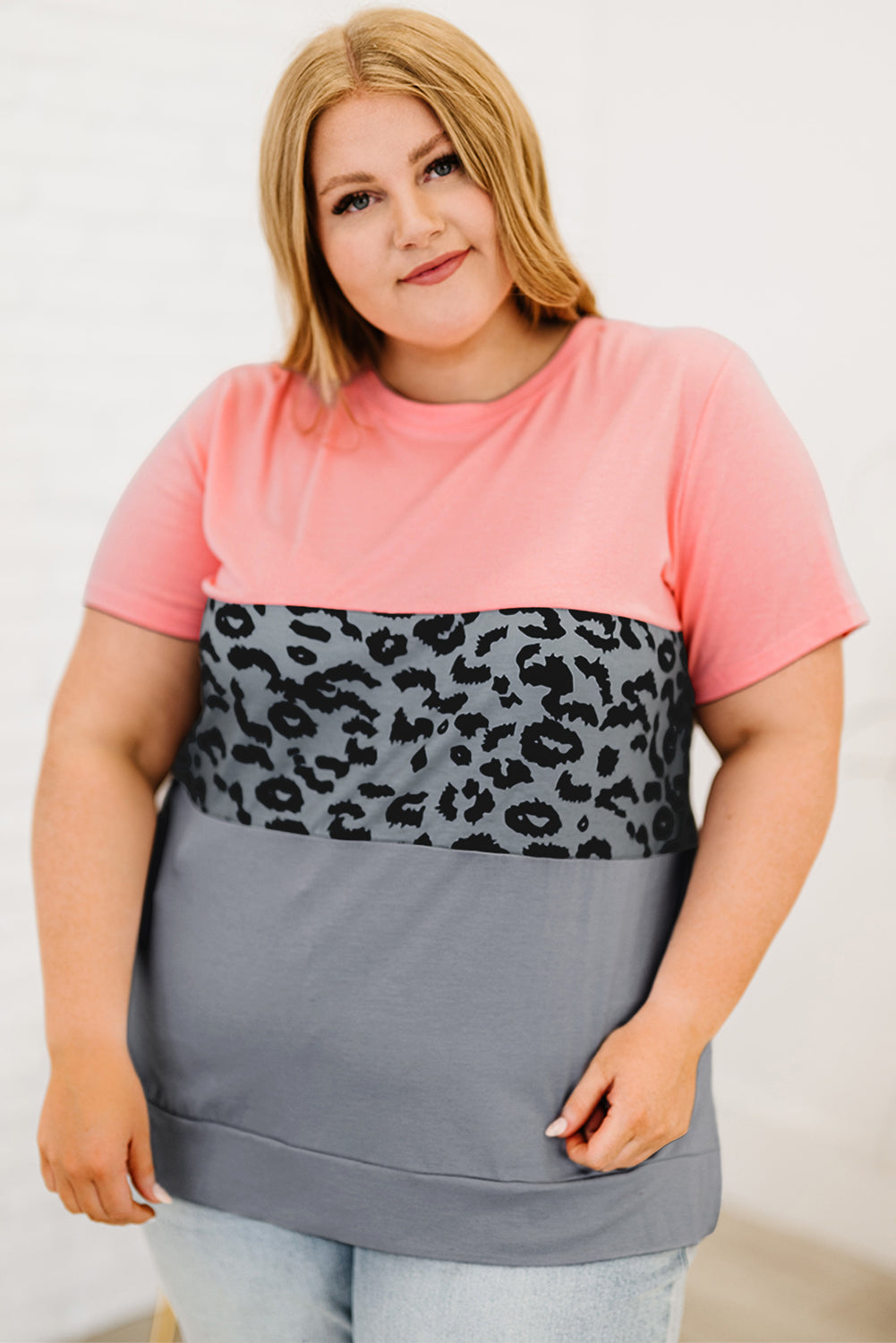 Plus Size Leopard Color Block T-Shirt