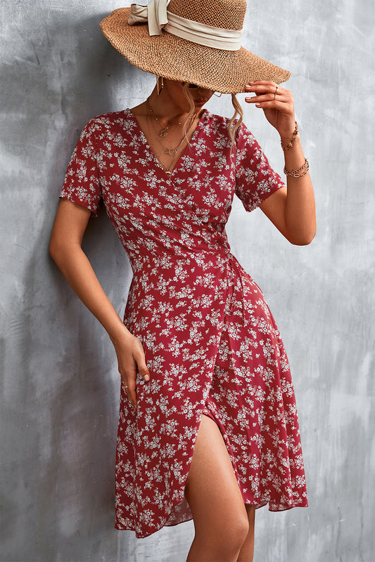 Floral Surplice Neck Flutter Sleeve Dress