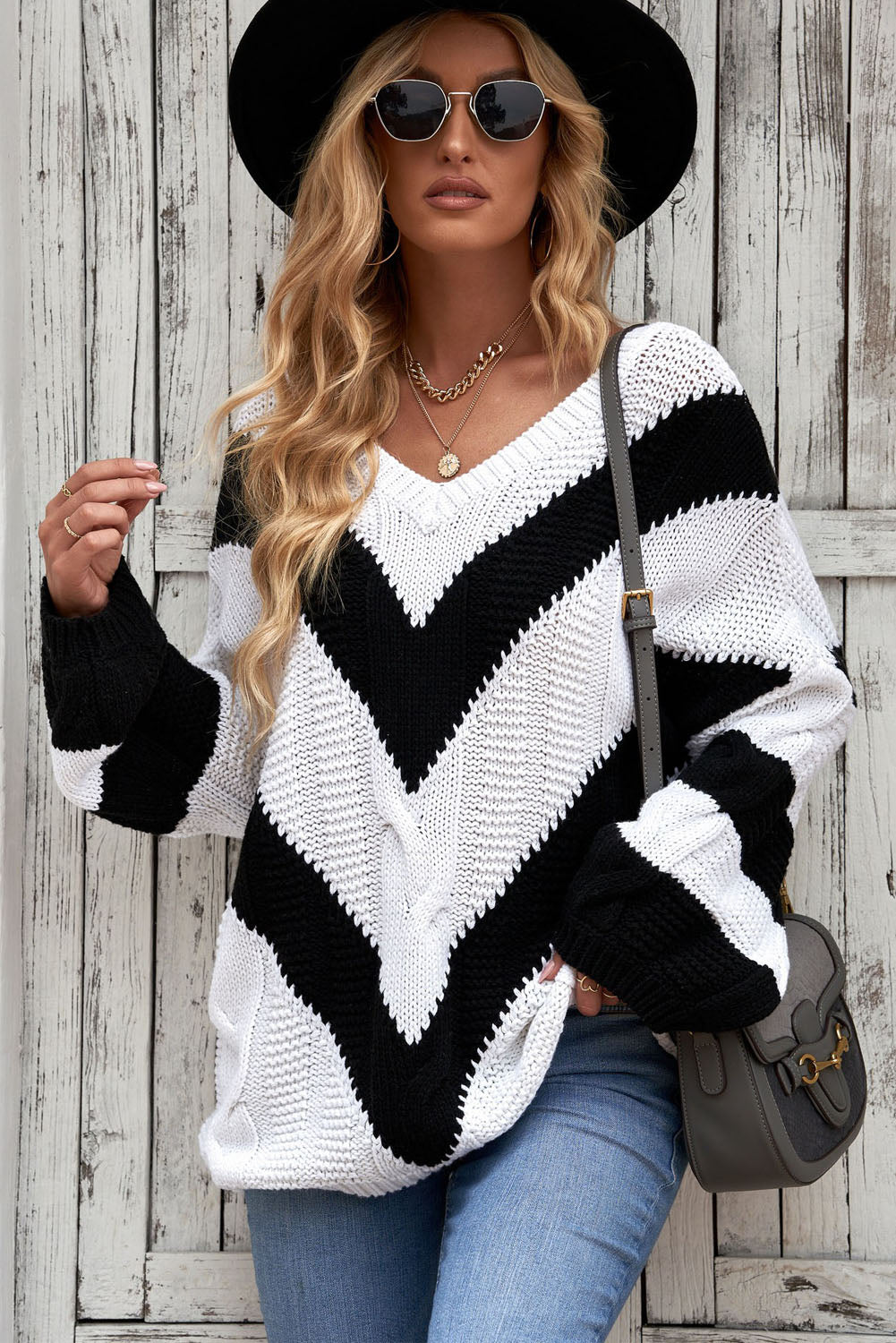 Chevron Cable-Knit V-Neck Tunic Sweater