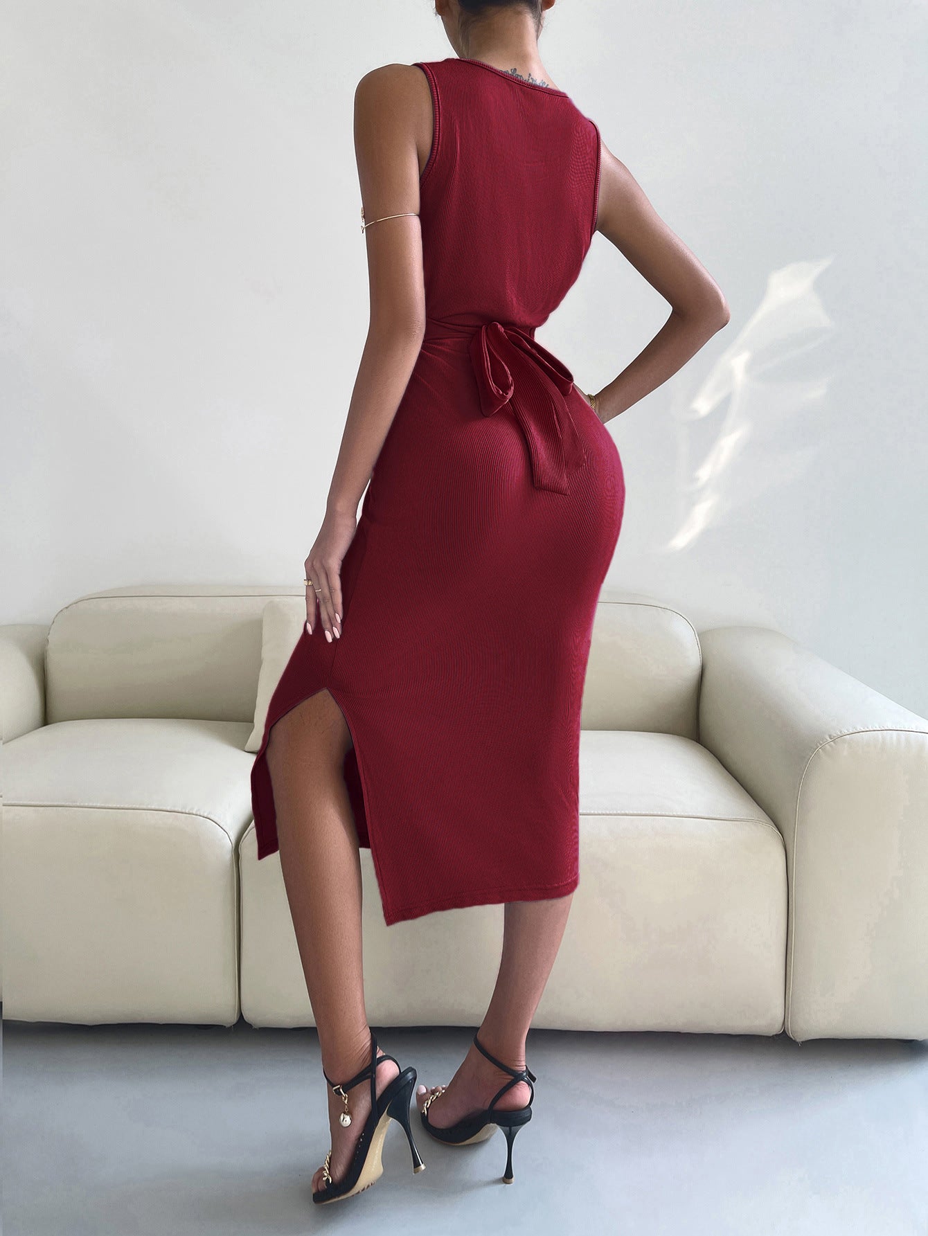 Round Neck Tie Back Slit Sleeveless Dress