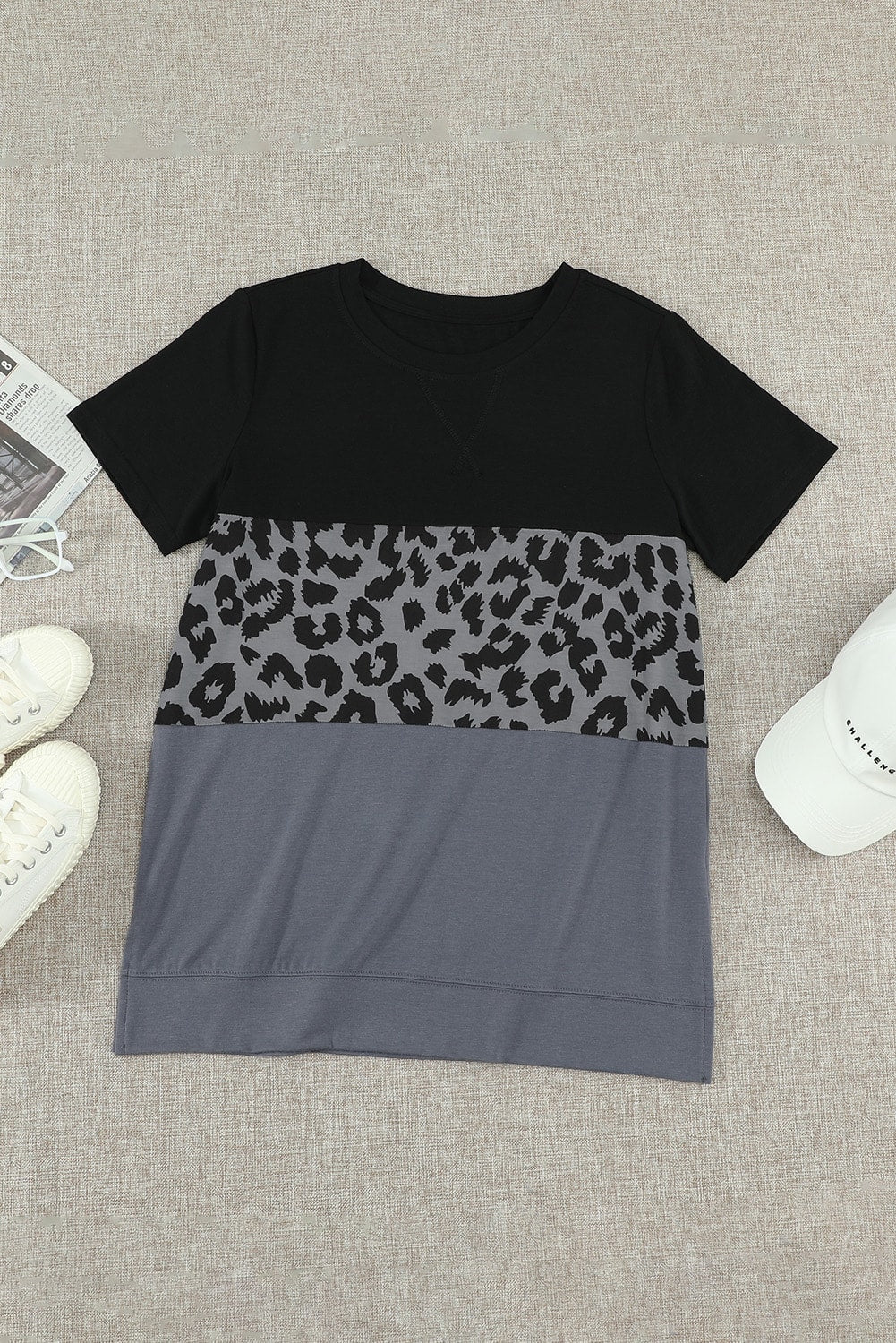 Leopard Print Color Block Short Sleeve T-Shirt