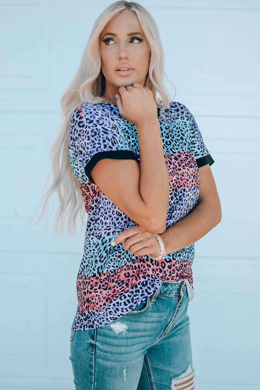 Leopard Color Block Round Neck Tee