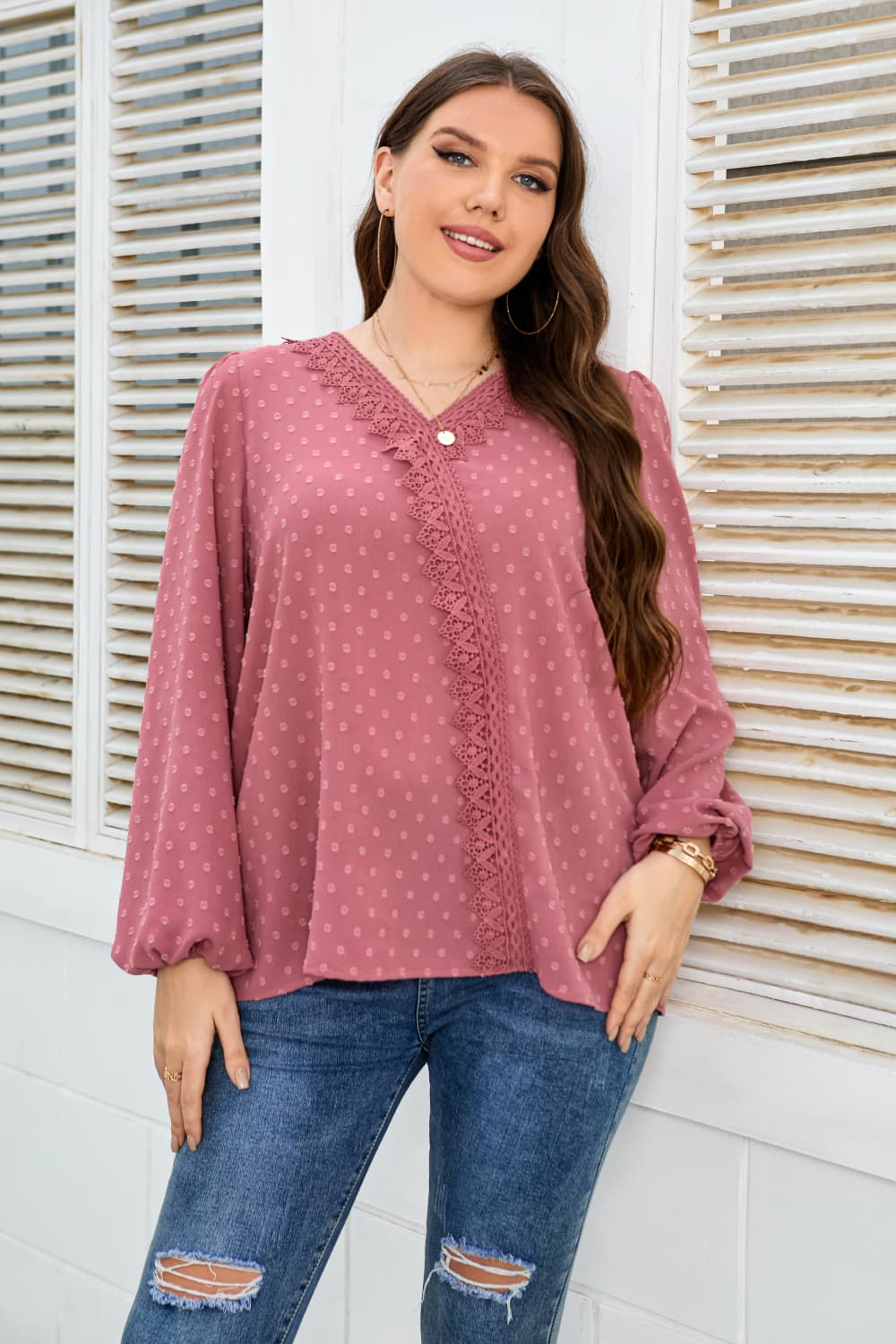 Plus Size Lace Trim V-Neck Balloon Sleeve Blouse