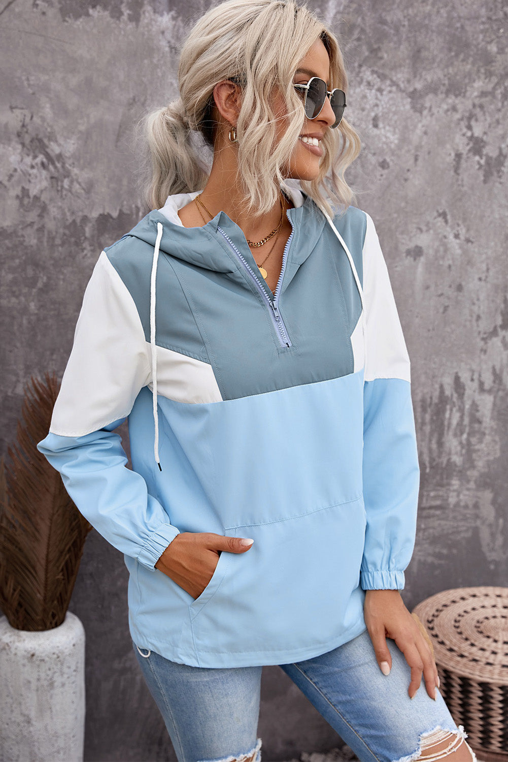 Color Block Quarter-Zip Drawstring Hoodie