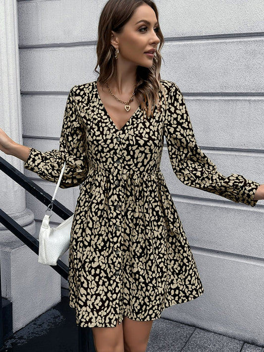 Animal Print Buttoned V-Neck Long Sleeve Dress