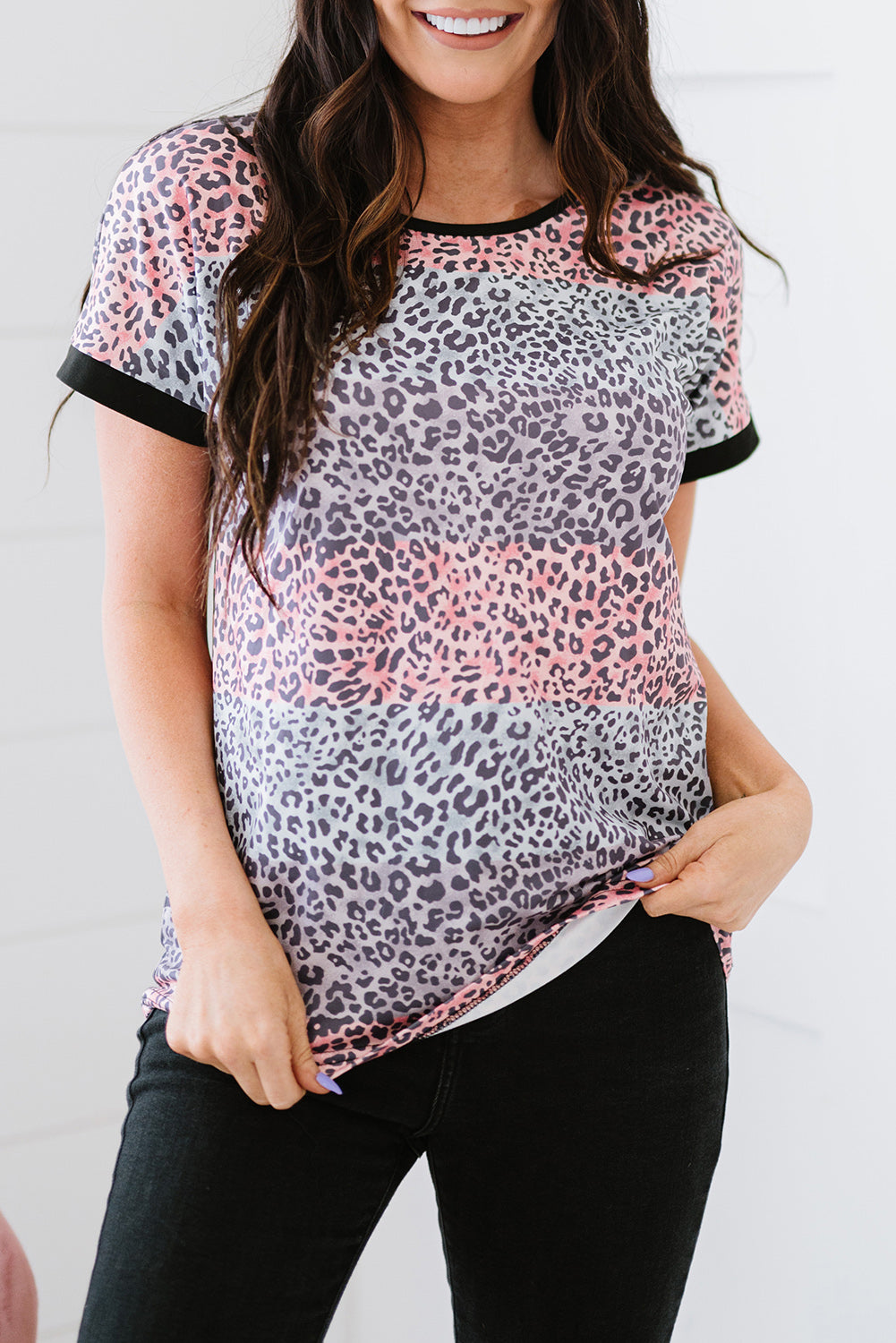 Leopard Color Block Round Neck Tee