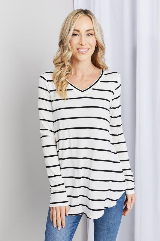 Zenana Full Size Striped V-Neck Long Sleeve Top