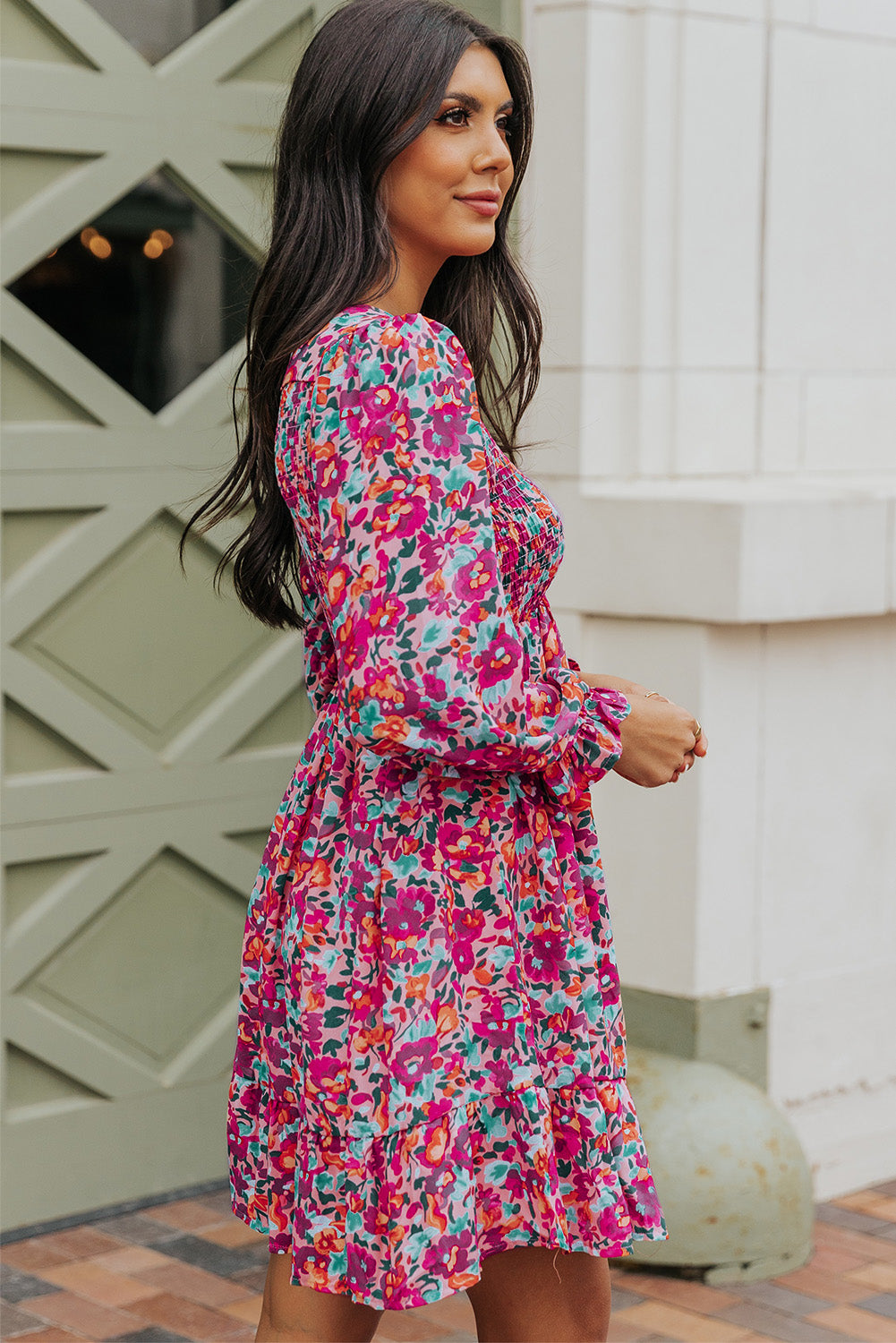 Floral Smocked V-Neck Flounce Sleeve Dress