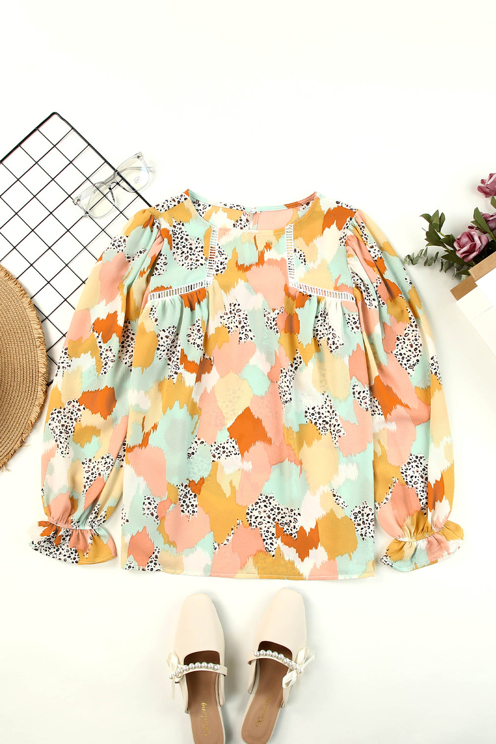 Printed Flounce Sleeve Buttoned Blouse