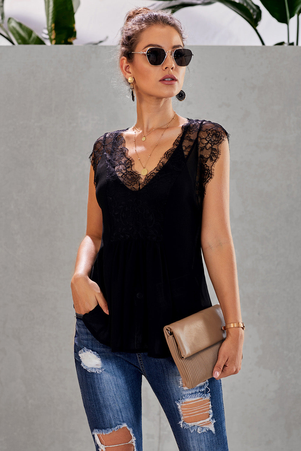 Eyelash Trim Spliced Lace V-Neck Tank