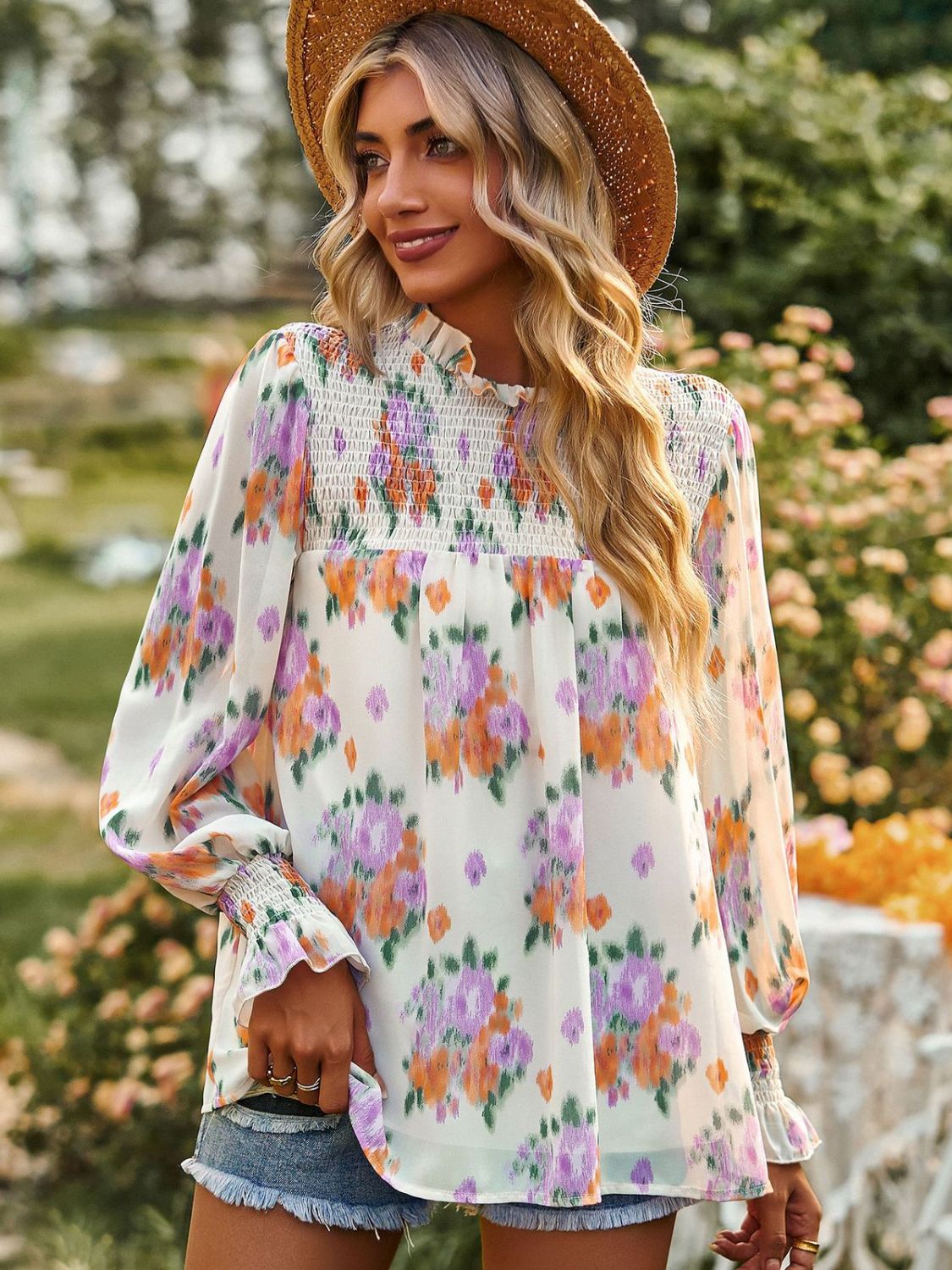 Floral Smocked Lantern Sleeve Blouse