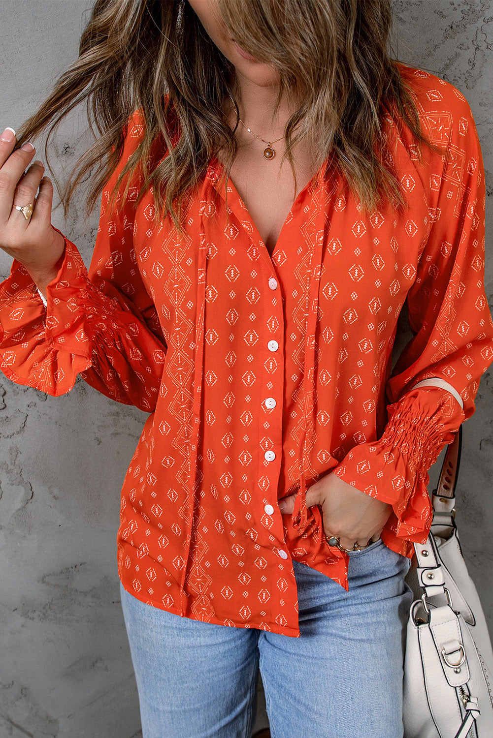 Printed Tie-Neck Long Flounce Sleeve Blouse