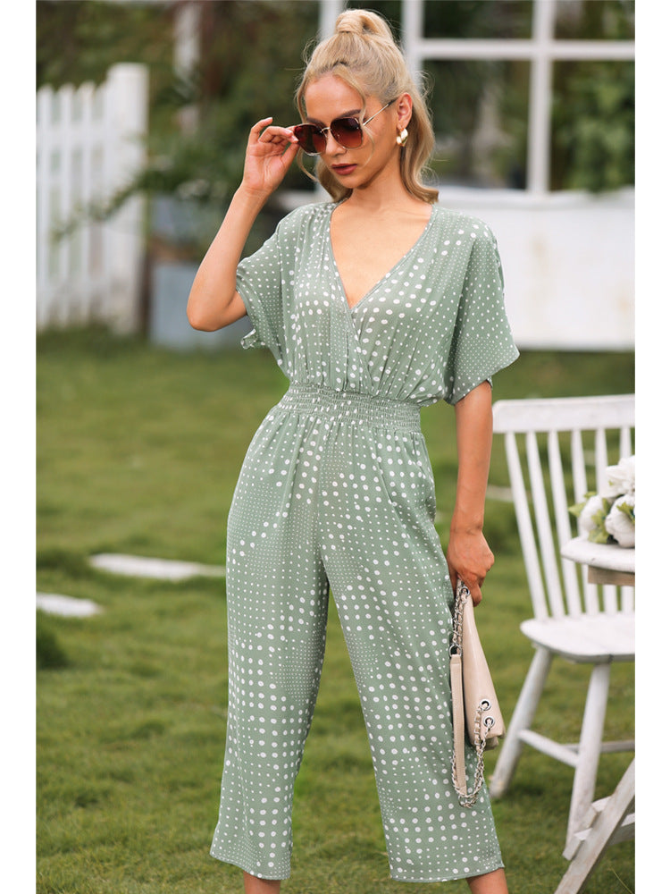 Polka Dot Surplice Neck Jumpsuit with Pockets