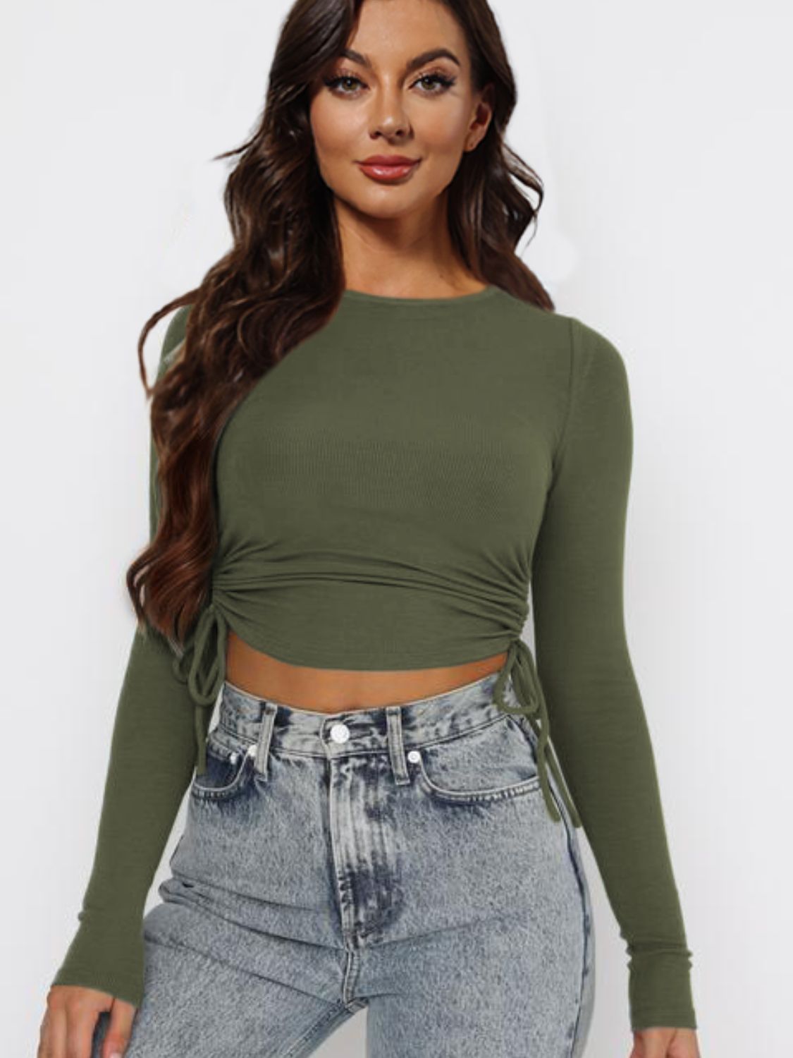 Drawstring Round Neck Long Sleeve Top