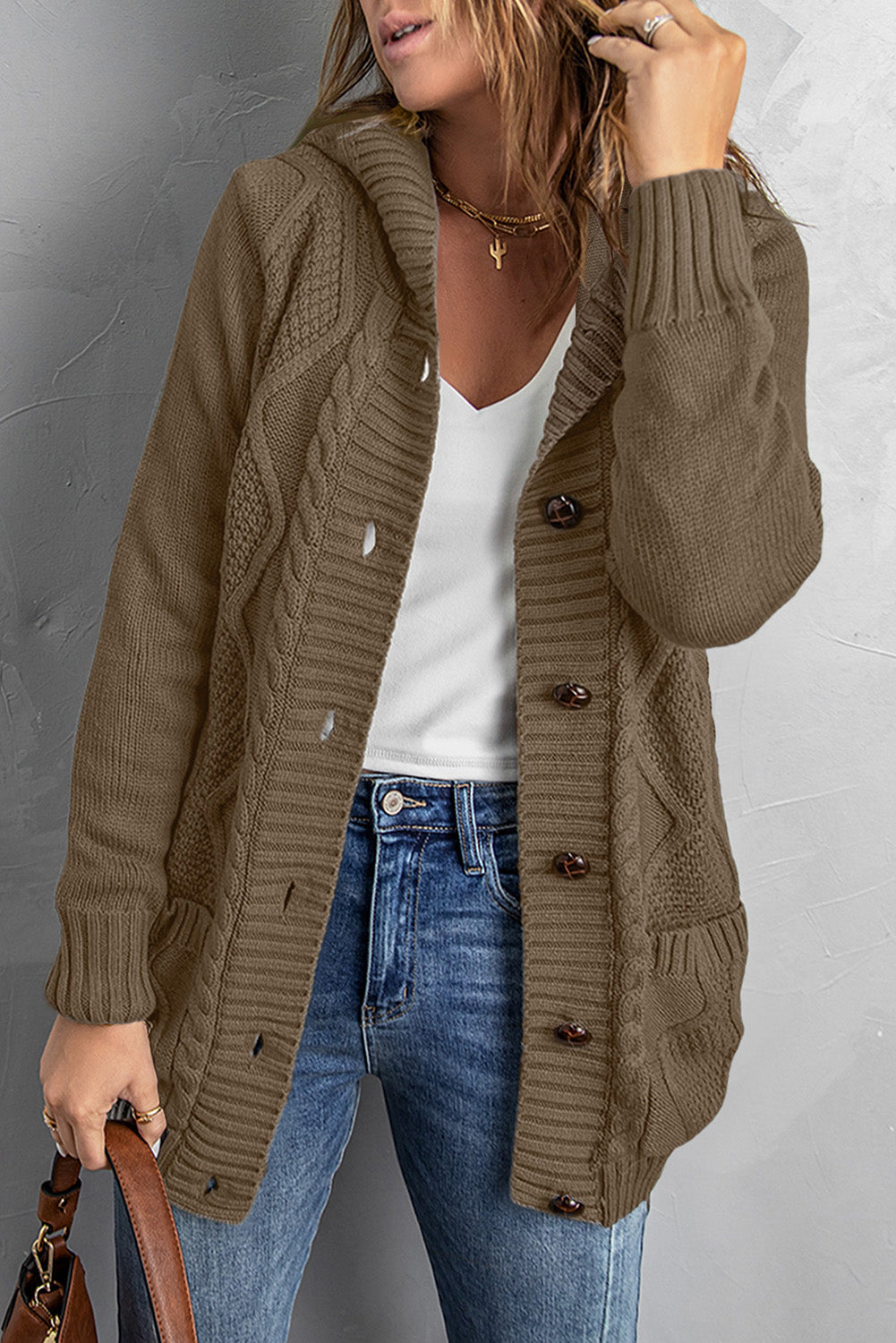 Button Front Hooded Cardigan with Pockets