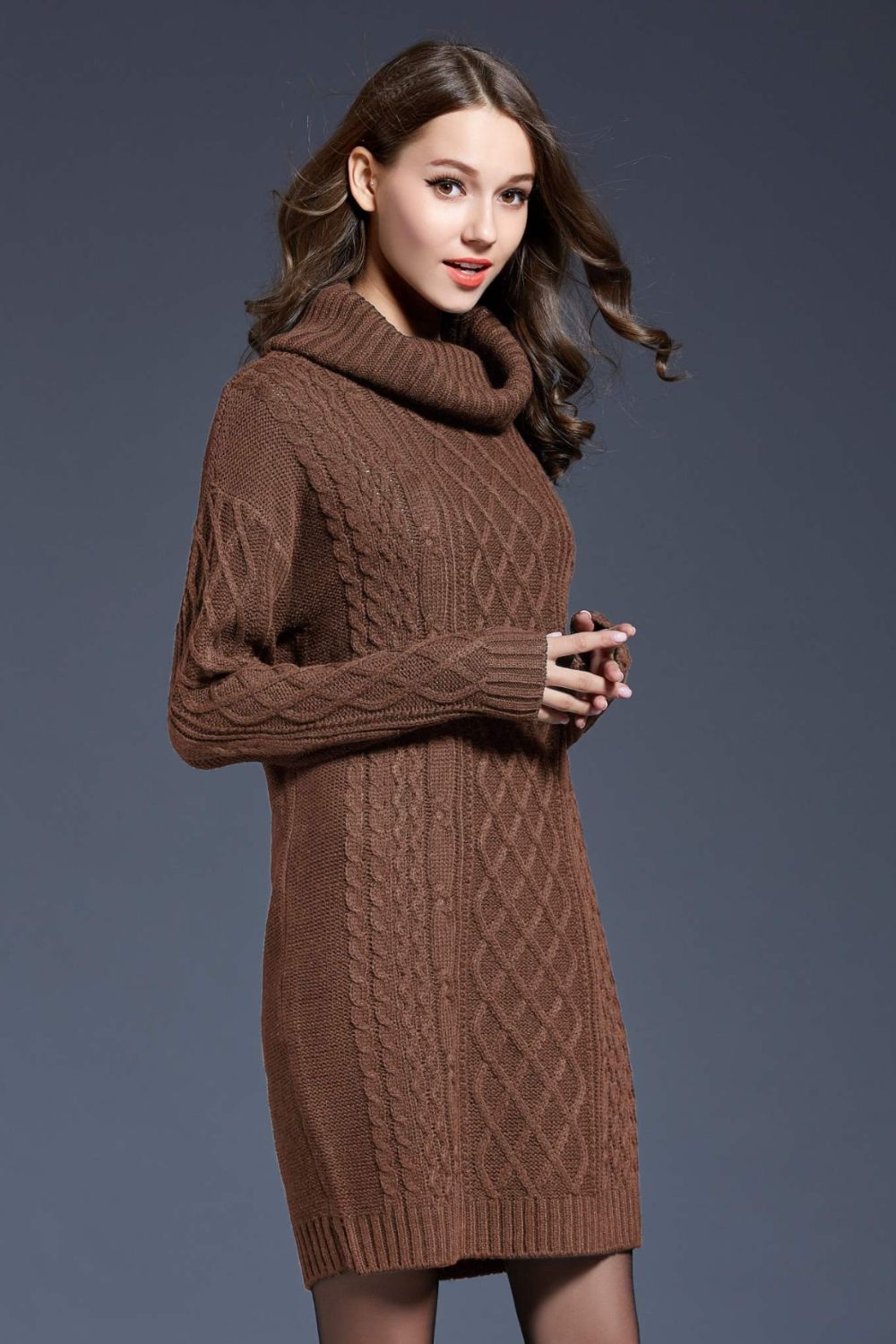 Full Size Mixed Knit Cowl Neck Dropped Shoulder Sweater Dress