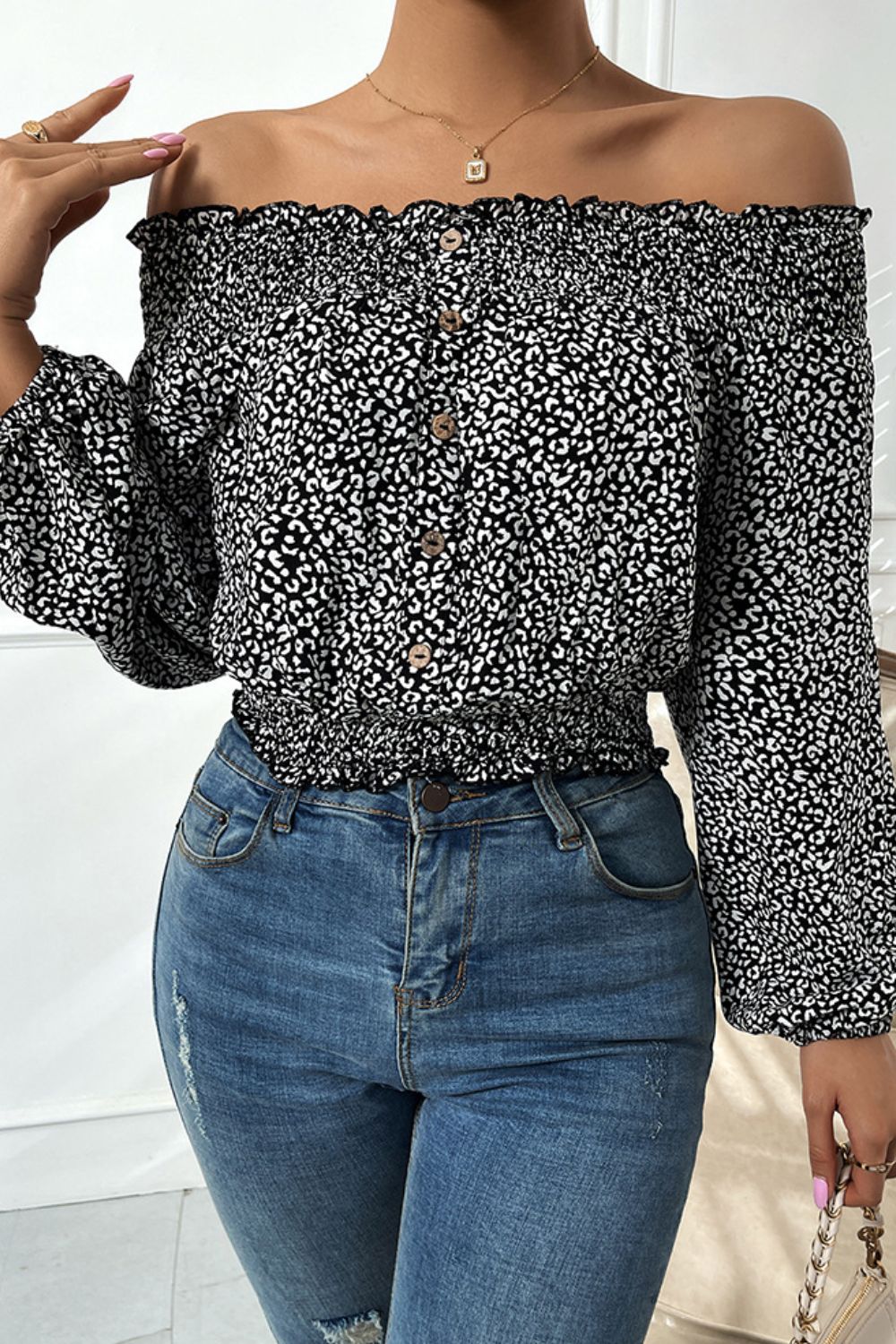 Leopard Print Frill Trim Off-Shoulder Top