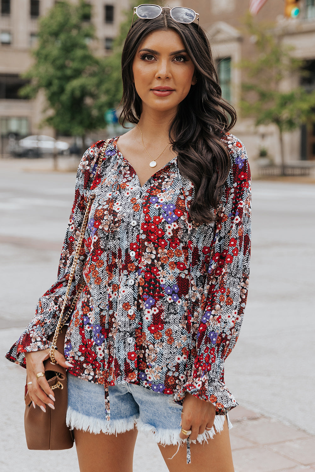 Printed Tie-Neck Long Flounce Sleeve Blouse