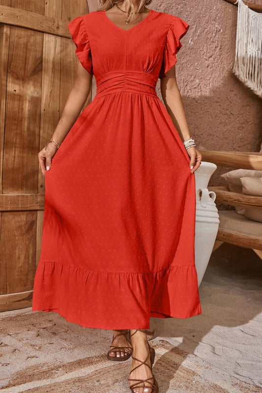 Swiss Dot V-Neck Flutter Sleeve Dress