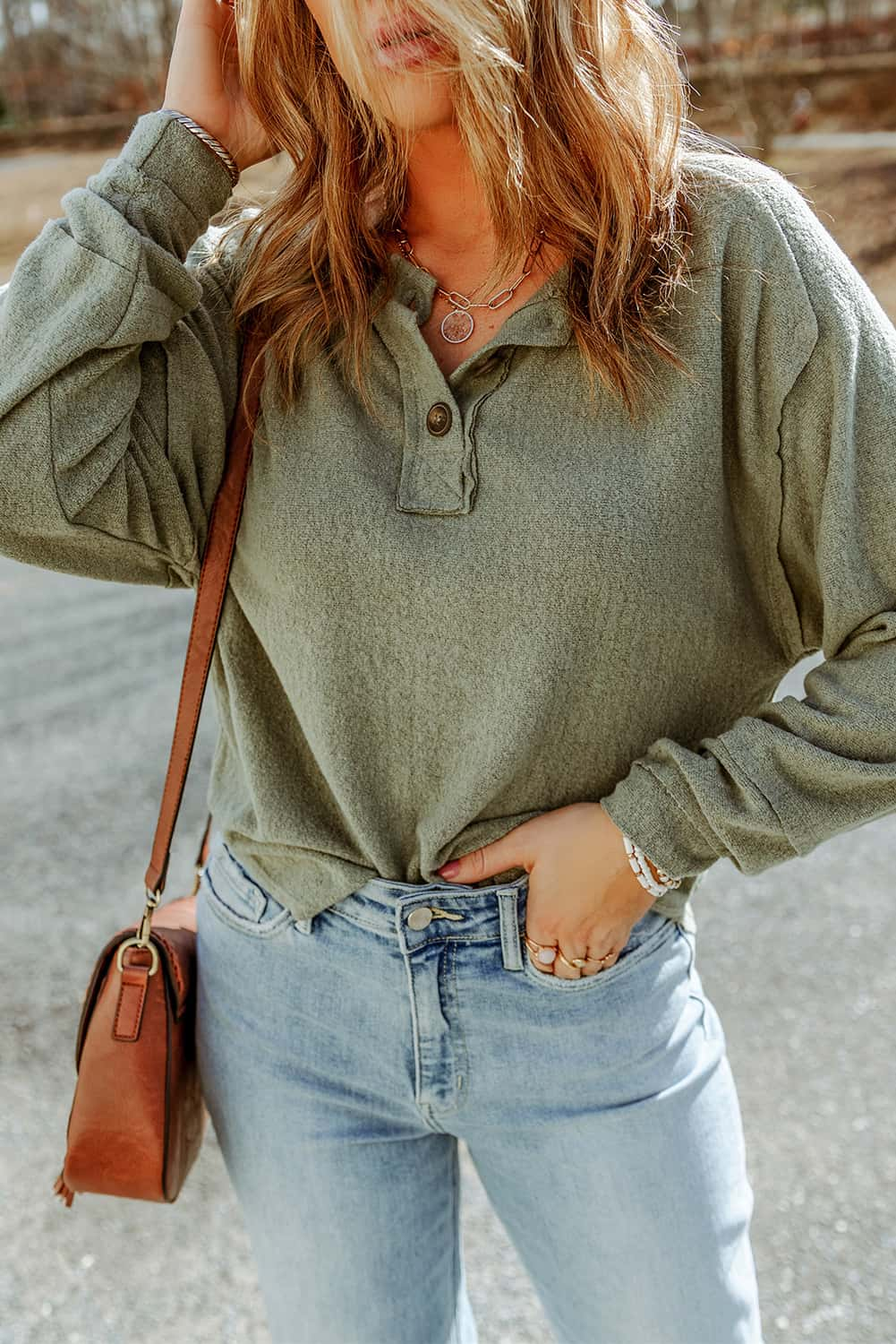 Buttoned Round Neck Long Sleeve Top