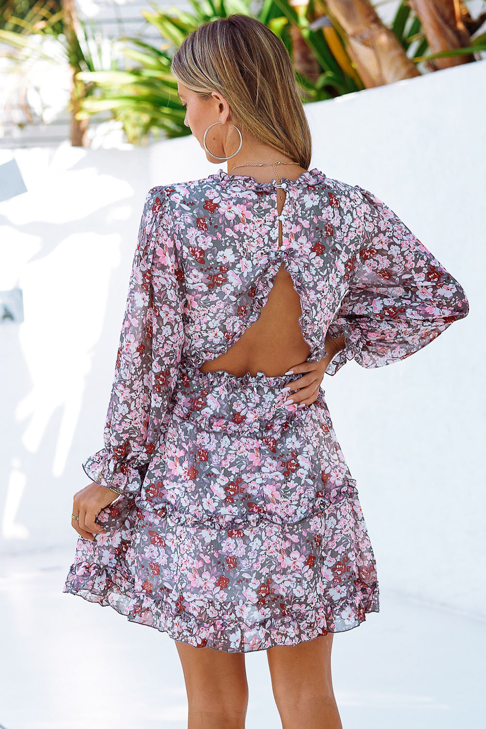 Floral Frill Trim Plunge Flounce Sleeve Dress