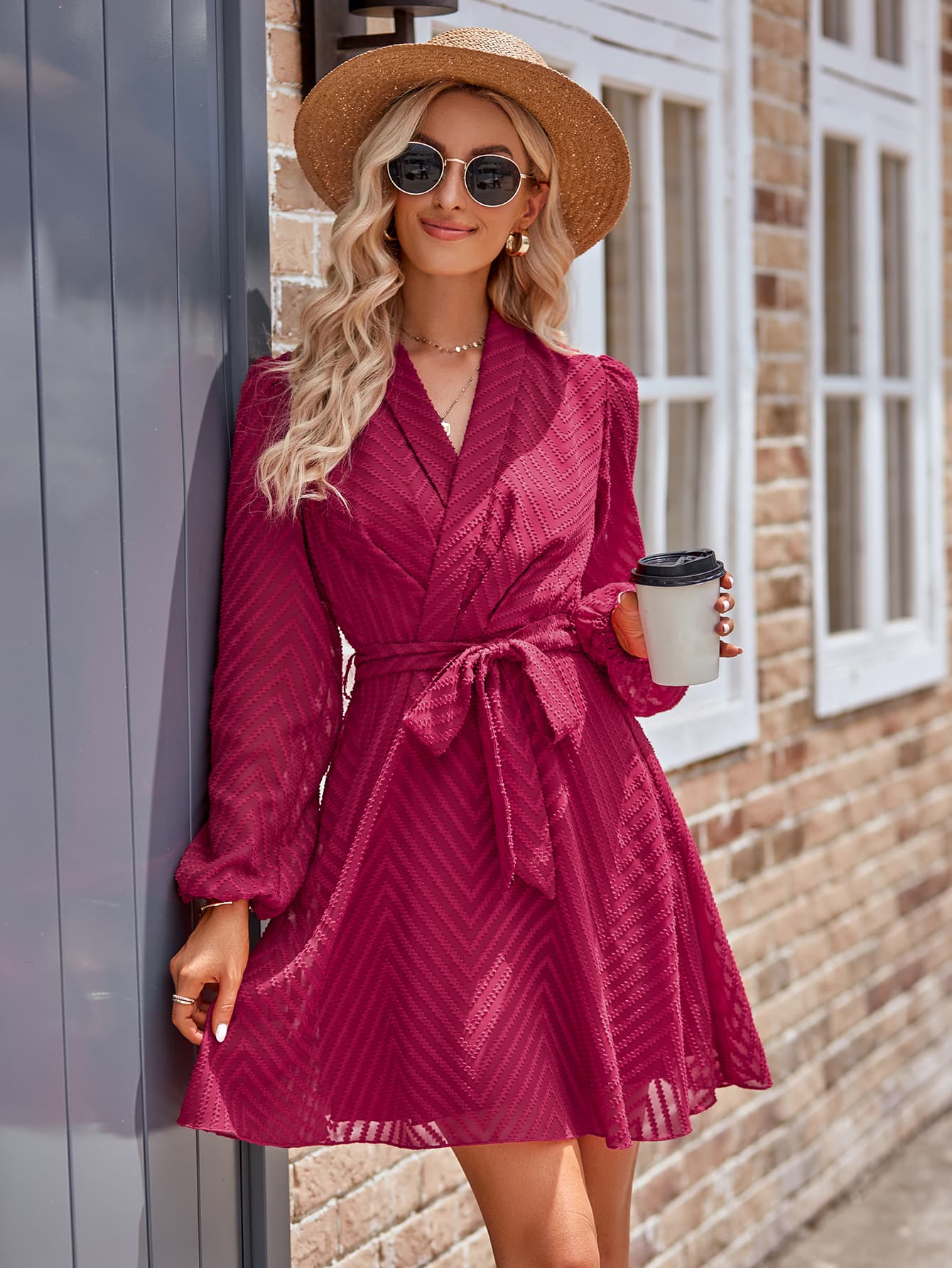 Belted Surplice Neck Long Sleeve Mini Dress