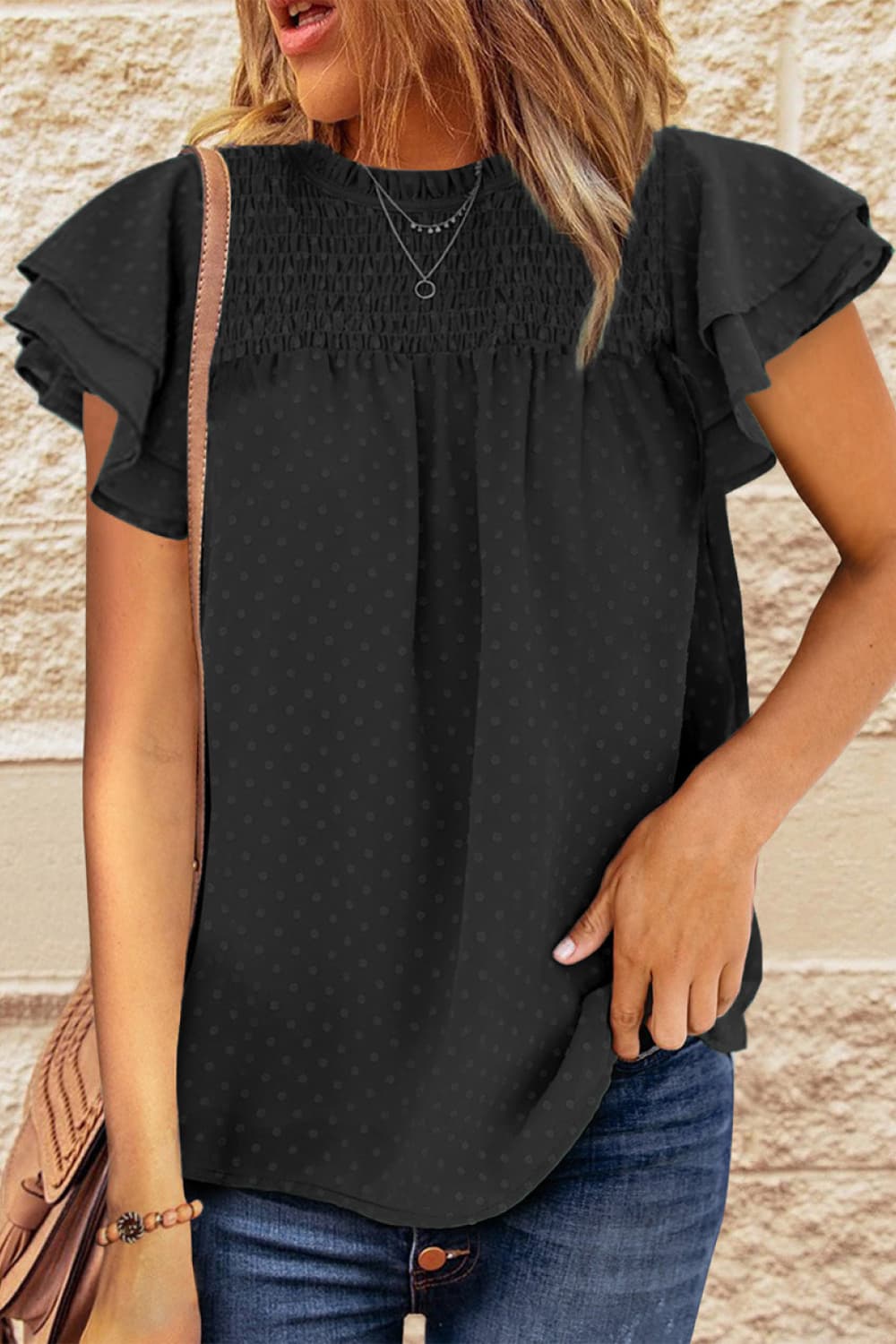 Layered Flutter Sleeve Smocked Blouse