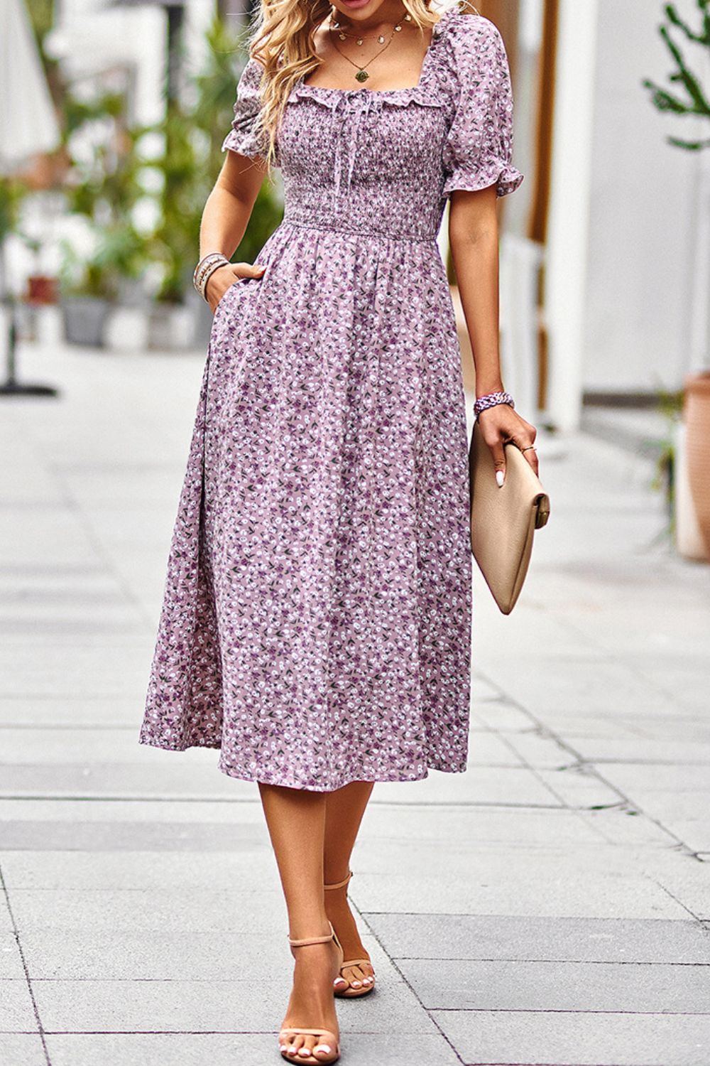 Floral Ruffled Square Neck Dress with Pockets